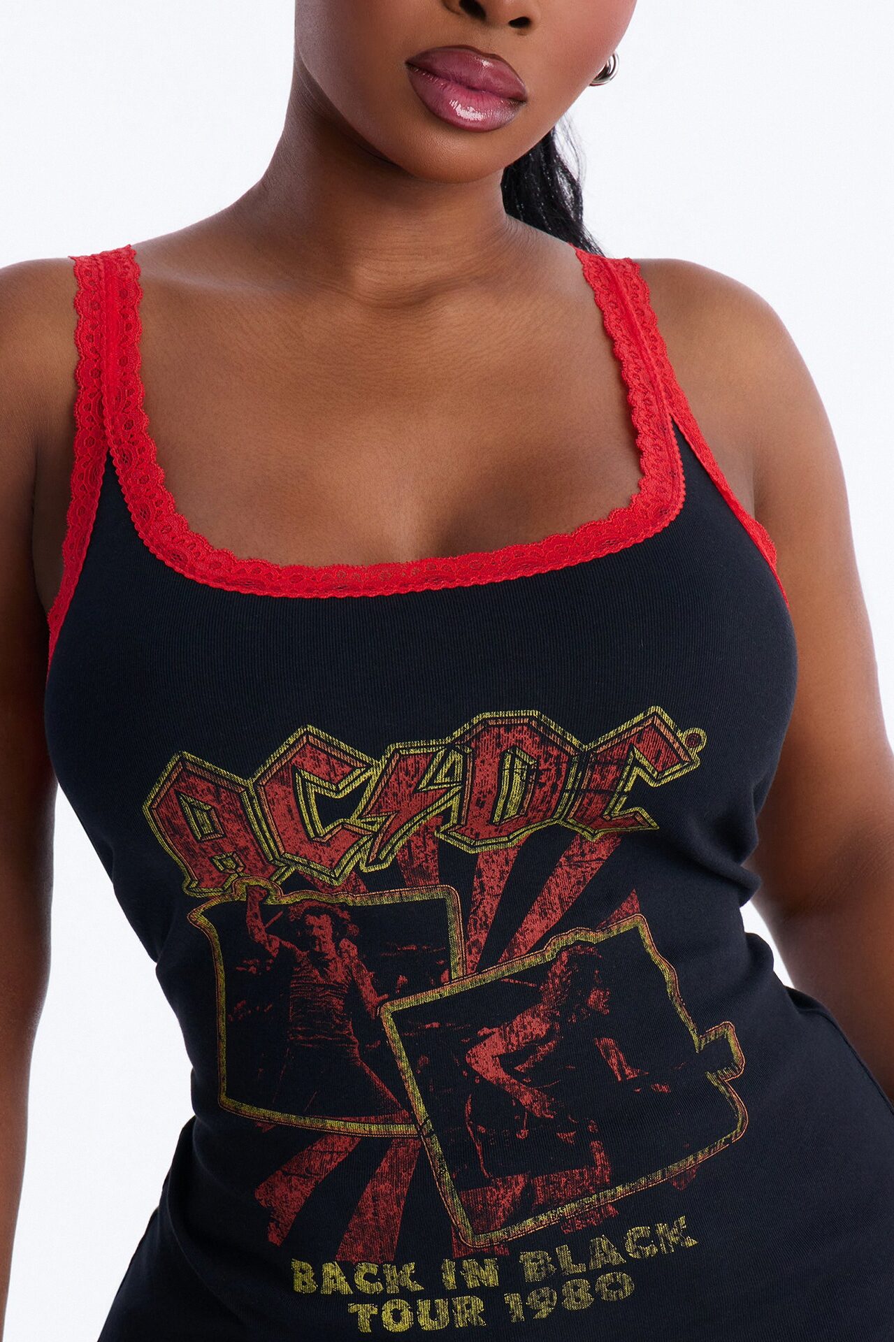 ACDC Contrast Lace Fitted Tank - Black