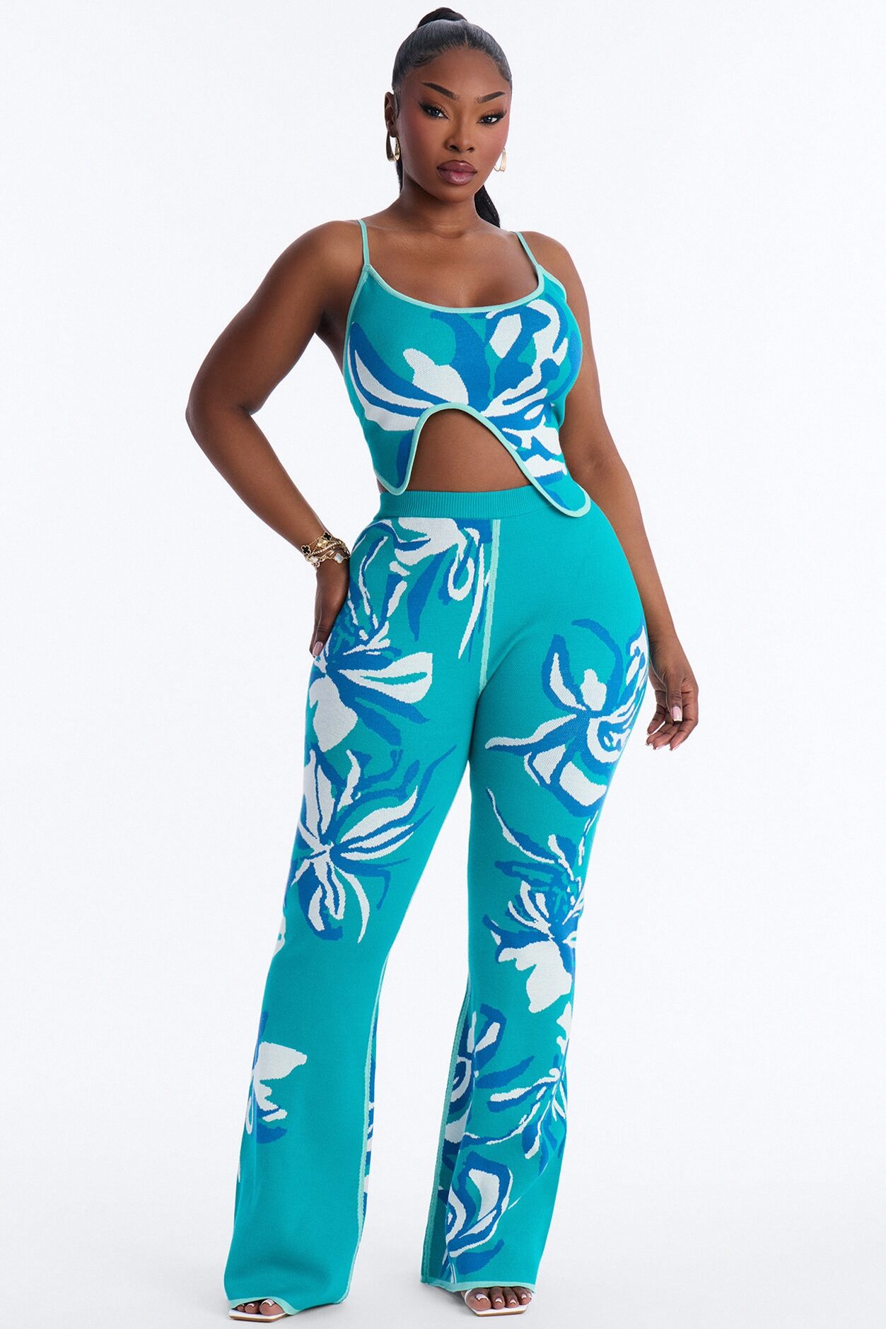 Vianna Sweater Asymmetrical Pant Set - Blue/combo