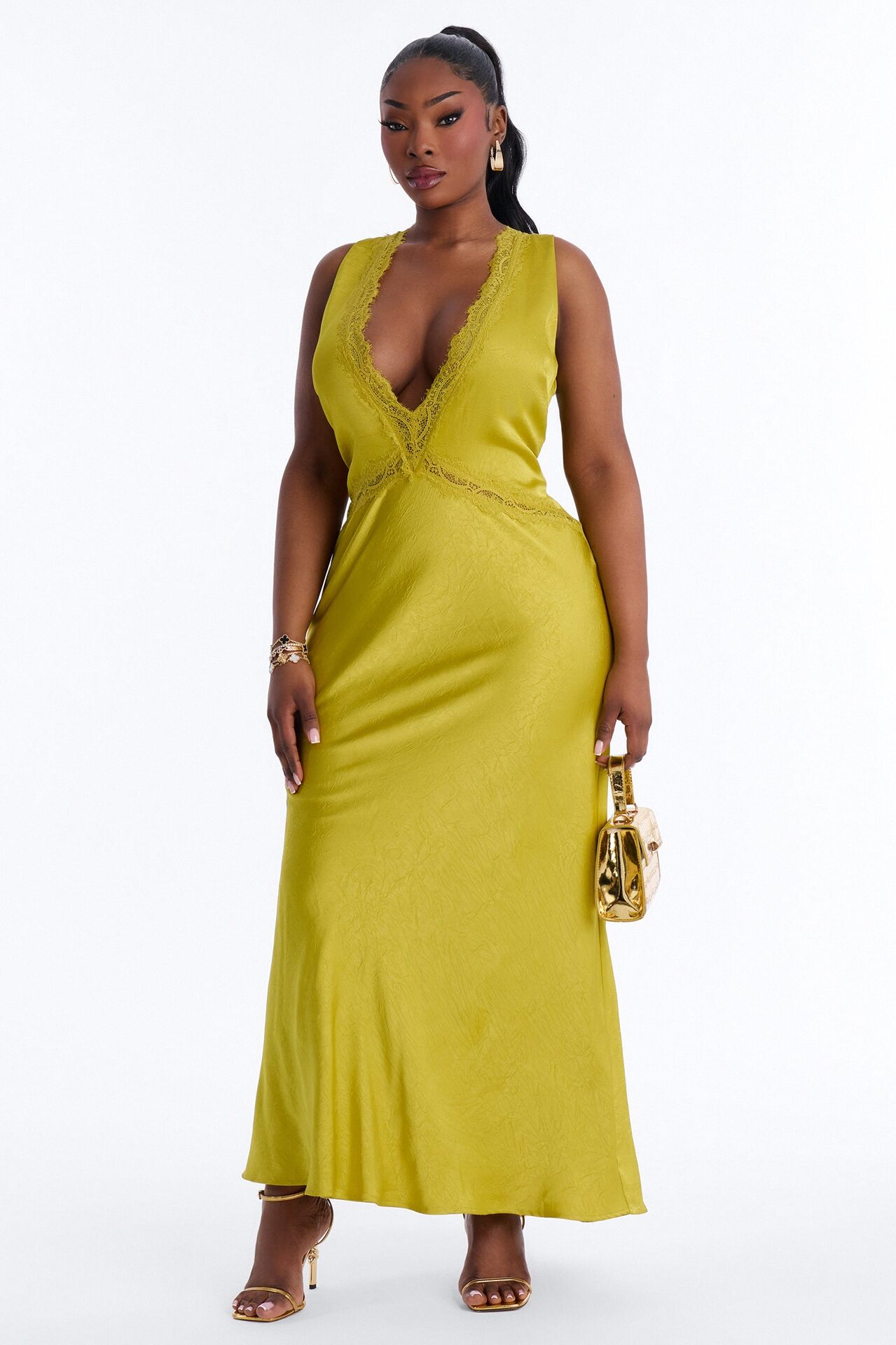 Willow Lace Satin Maxi Dress - Chartreuse