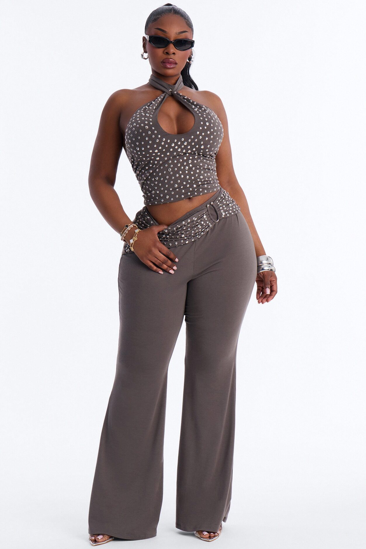 Better Than Your Ex Studded Flare Pant Set - Grey