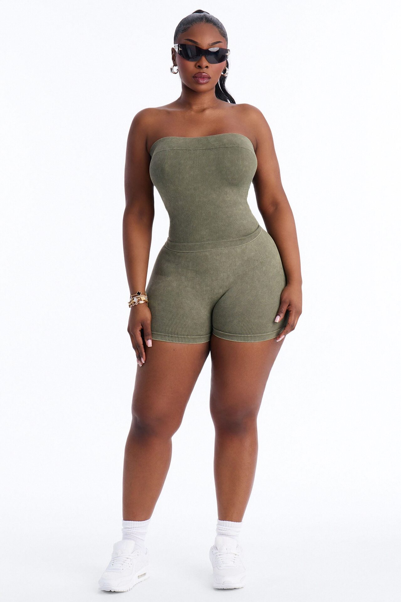 Off Duty Mineral Washed Strapless Short Set - Olive