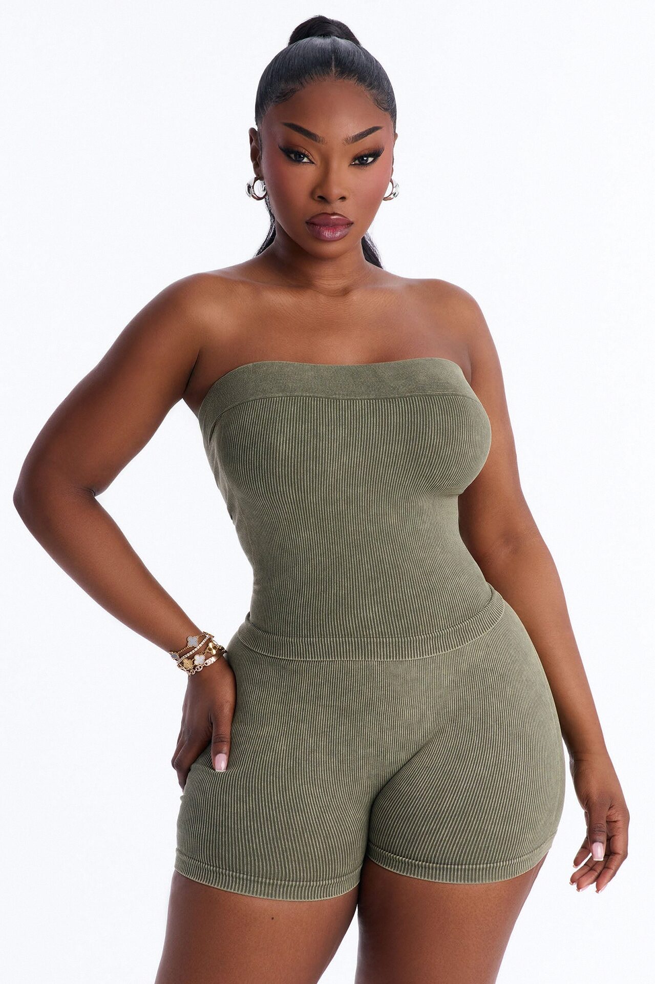 Off Duty Mineral Washed Strapless Short Set - Olive