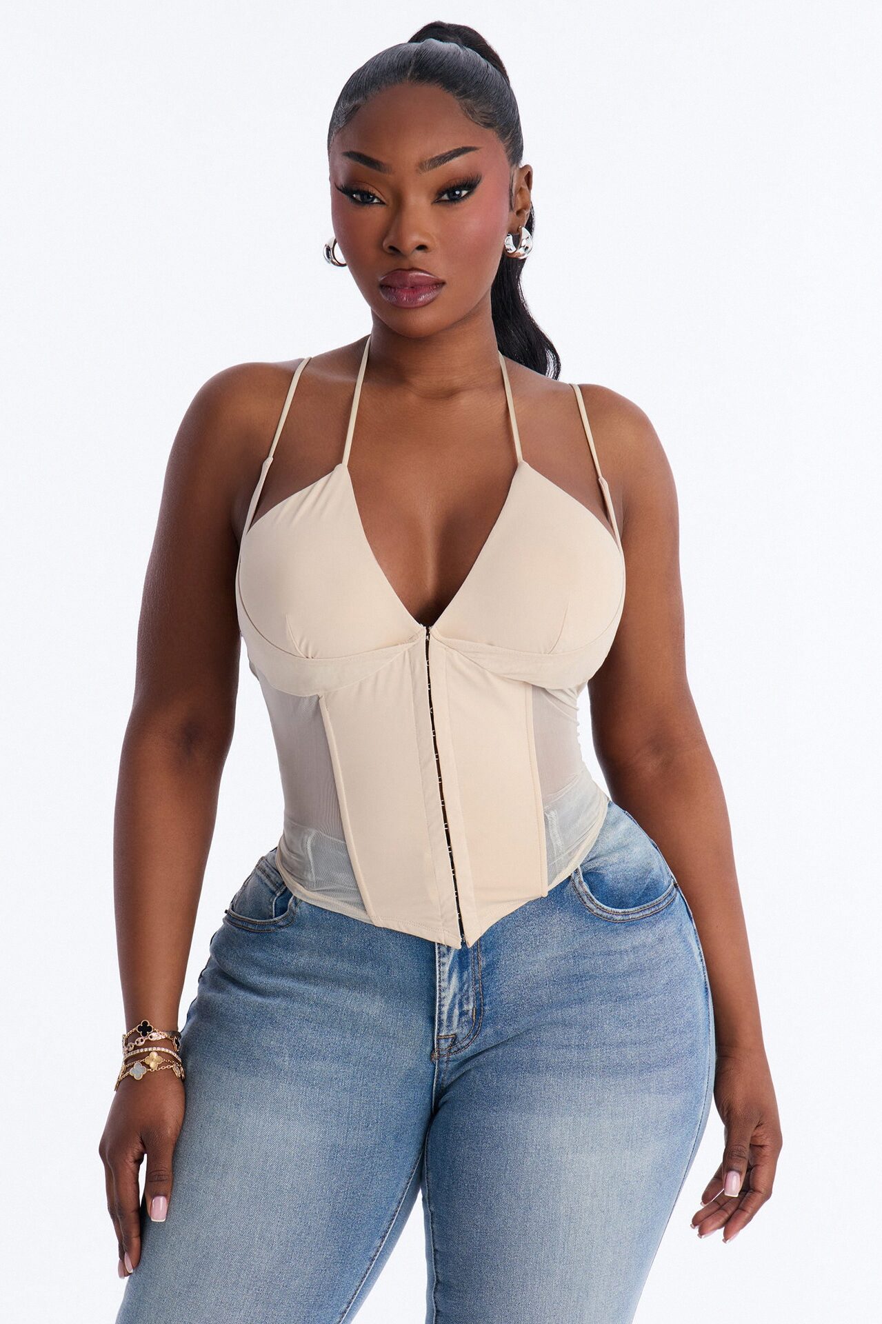 Amaya Mech Cut Out Corset Top - Stone