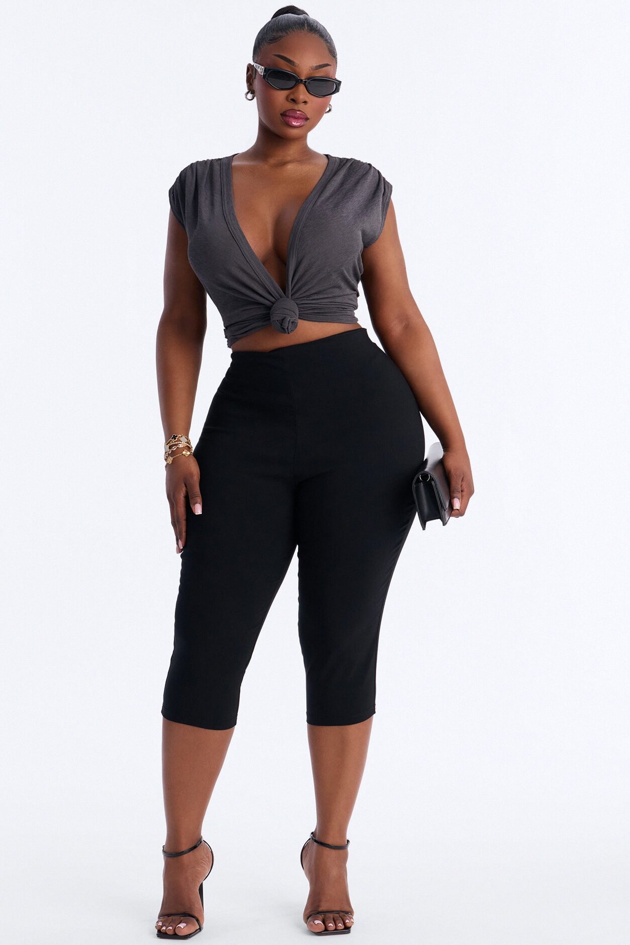 Selena Textured Deep V-Neck Knot Top - Charcoal