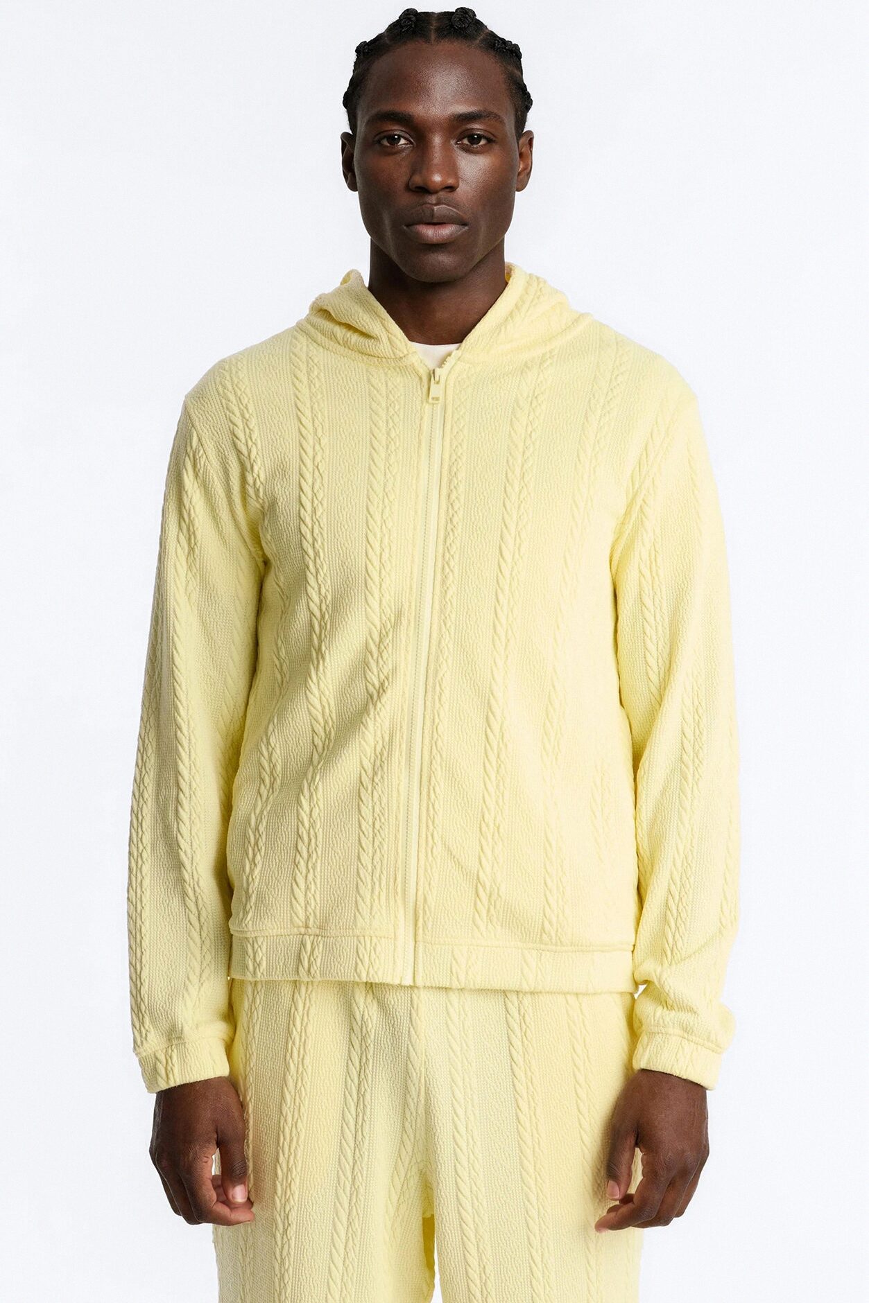Textured Cozy Braided Hooded Jacket - Butter Yellow