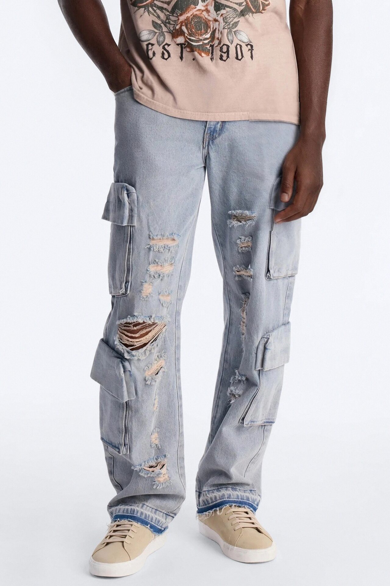 Straight Fractured Cargo Jean - Light Wash