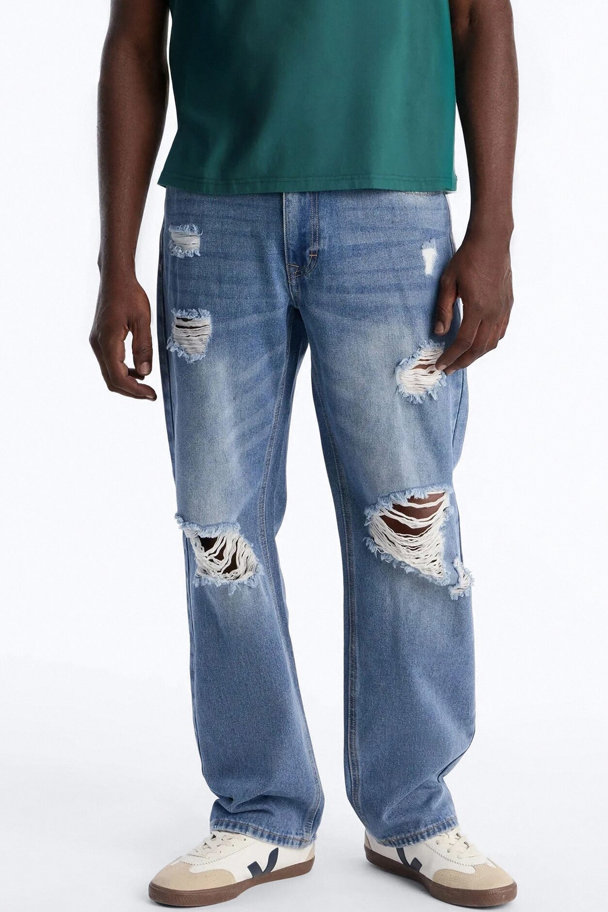 Essential Destroyed Straight Rigid Jean - Medium Blue Wash