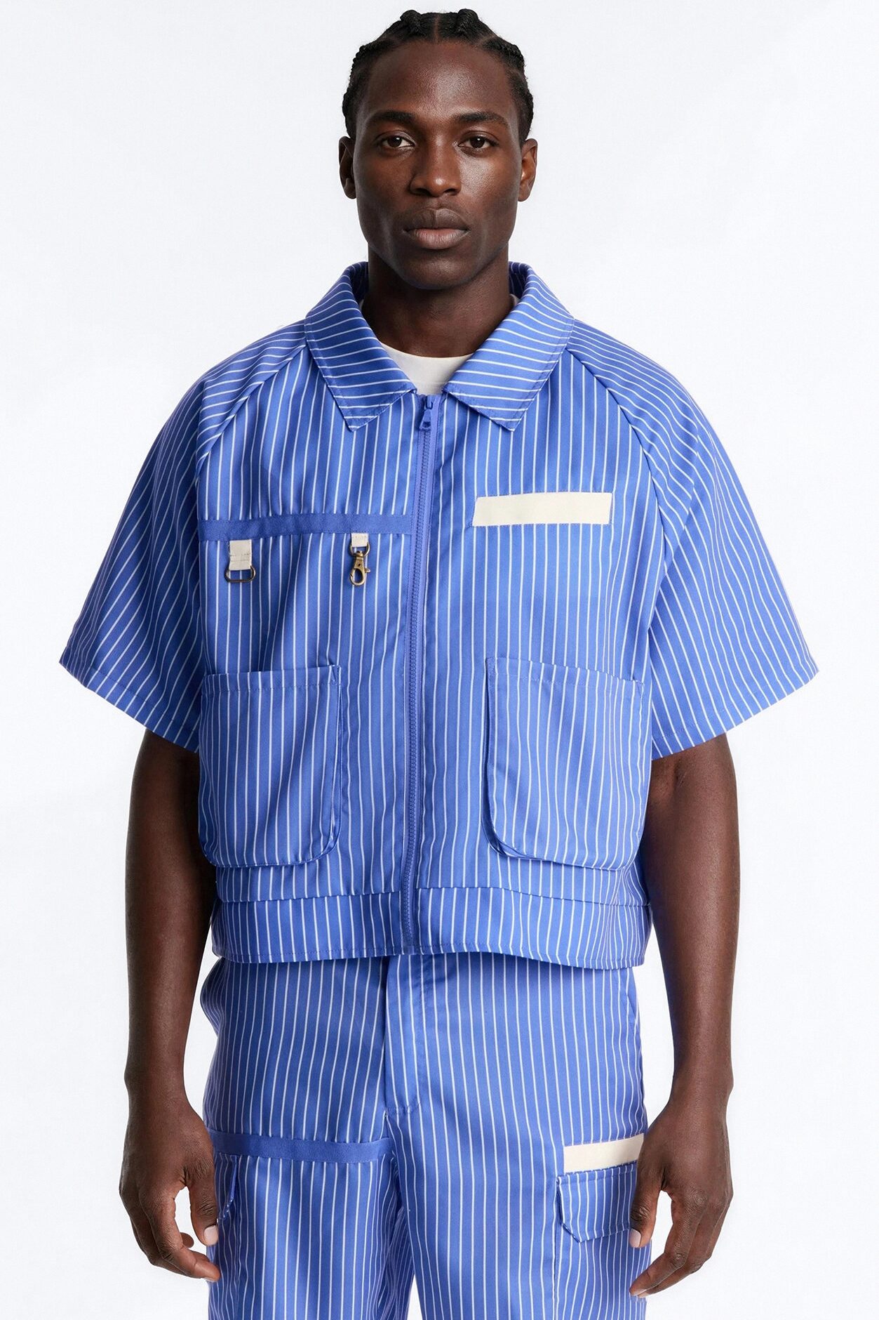 Boxy Cropped Desert Dunes Striped Button Up Shirt - Blue