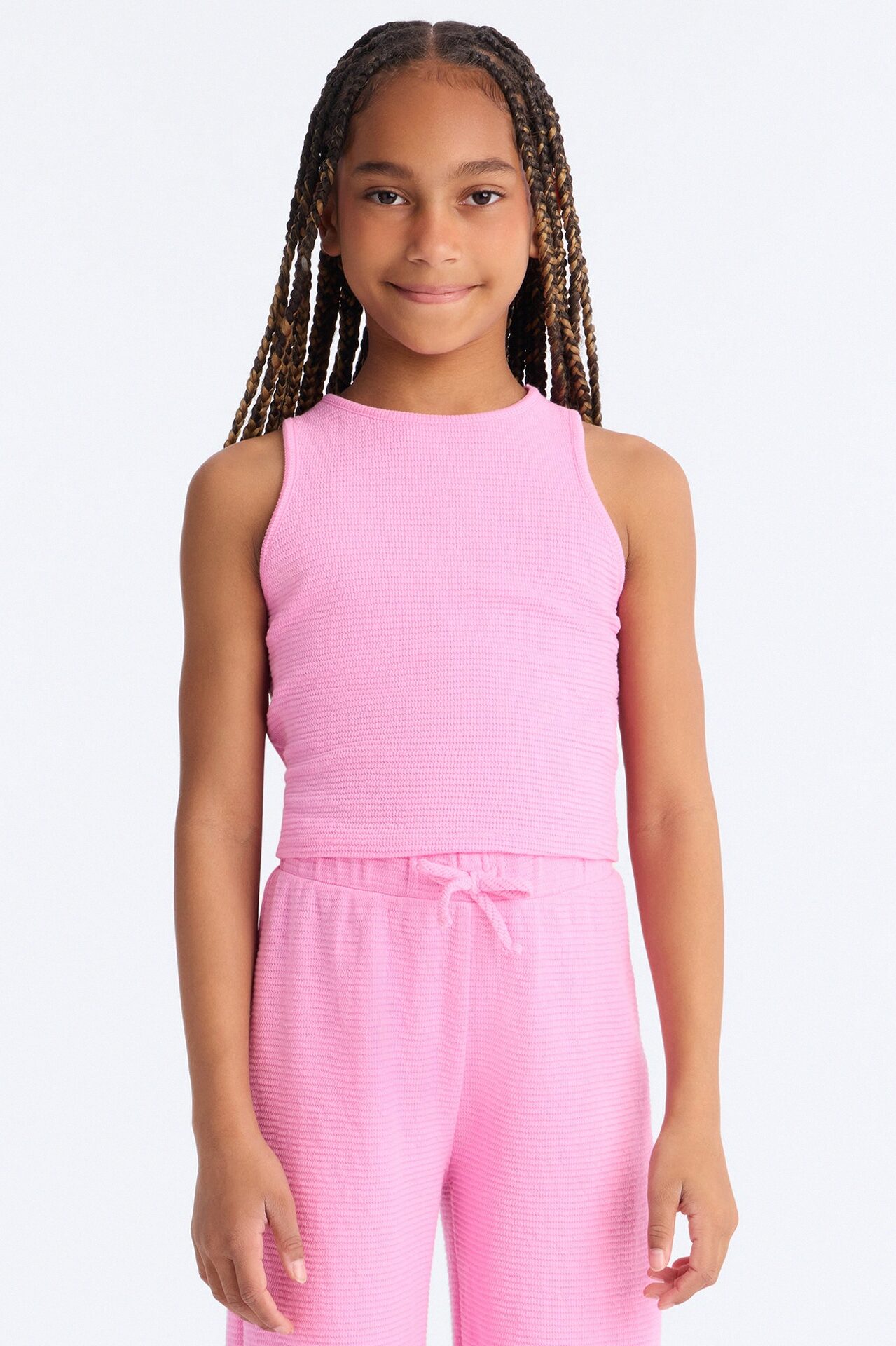 Mini Alana Textured Wide Leg Pant Set - Pink