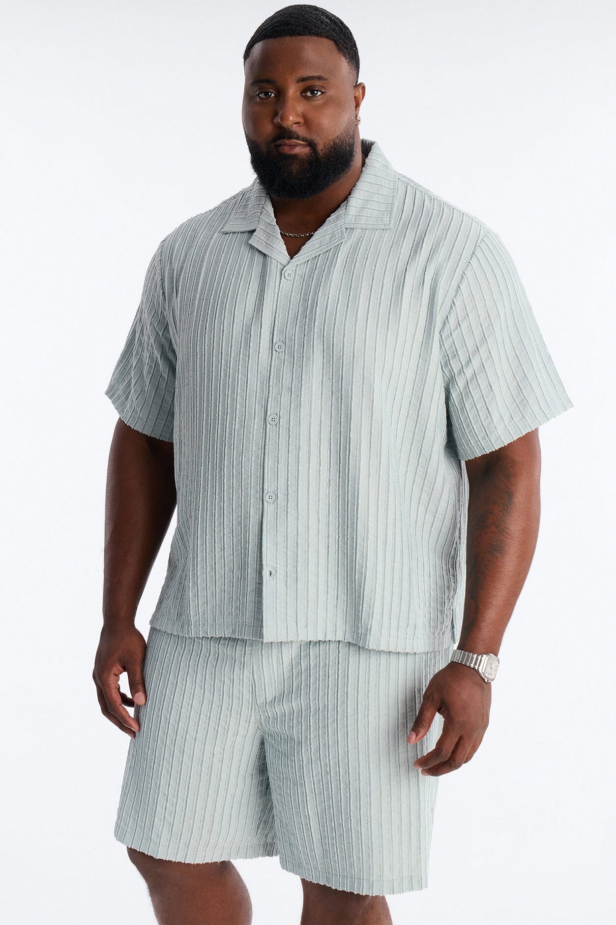 Relaxed Aegean Pleat Cuban Collar Button Up - Sage