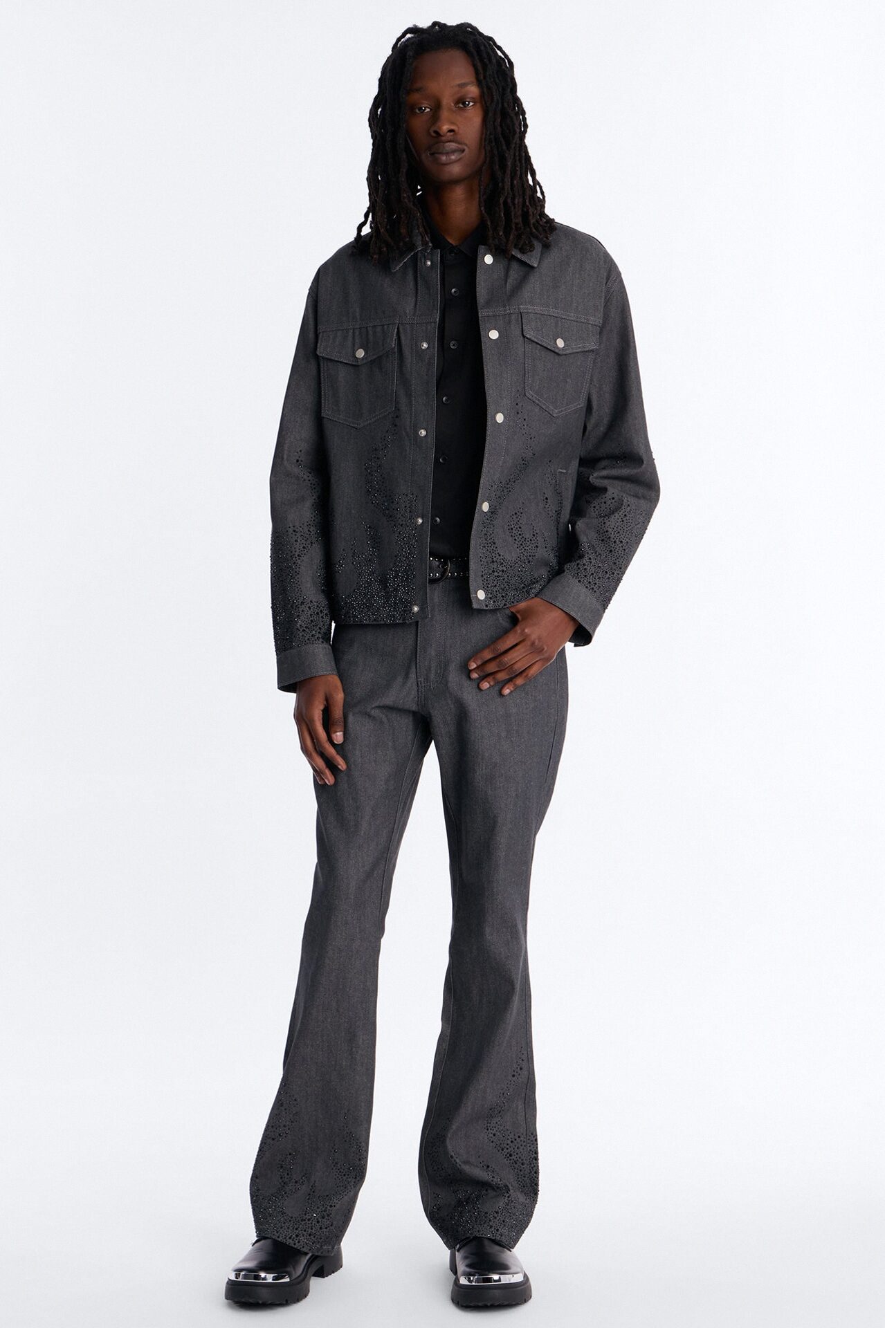Stacked Slim Flare Dark Ember Jean - Grey