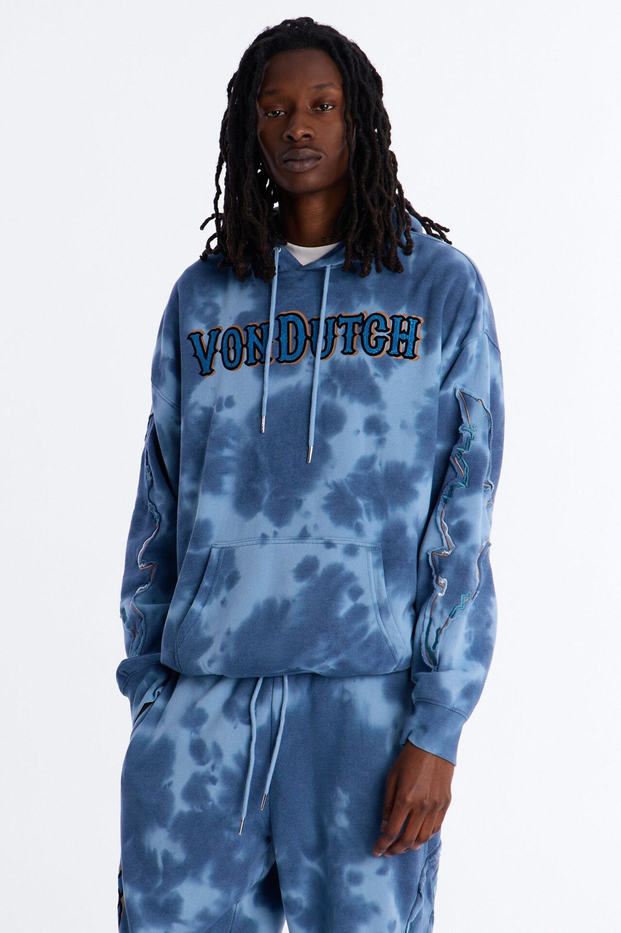 Von Dutch Outlaw Bleach Dyed Raw Edge Hoodie - Blue
