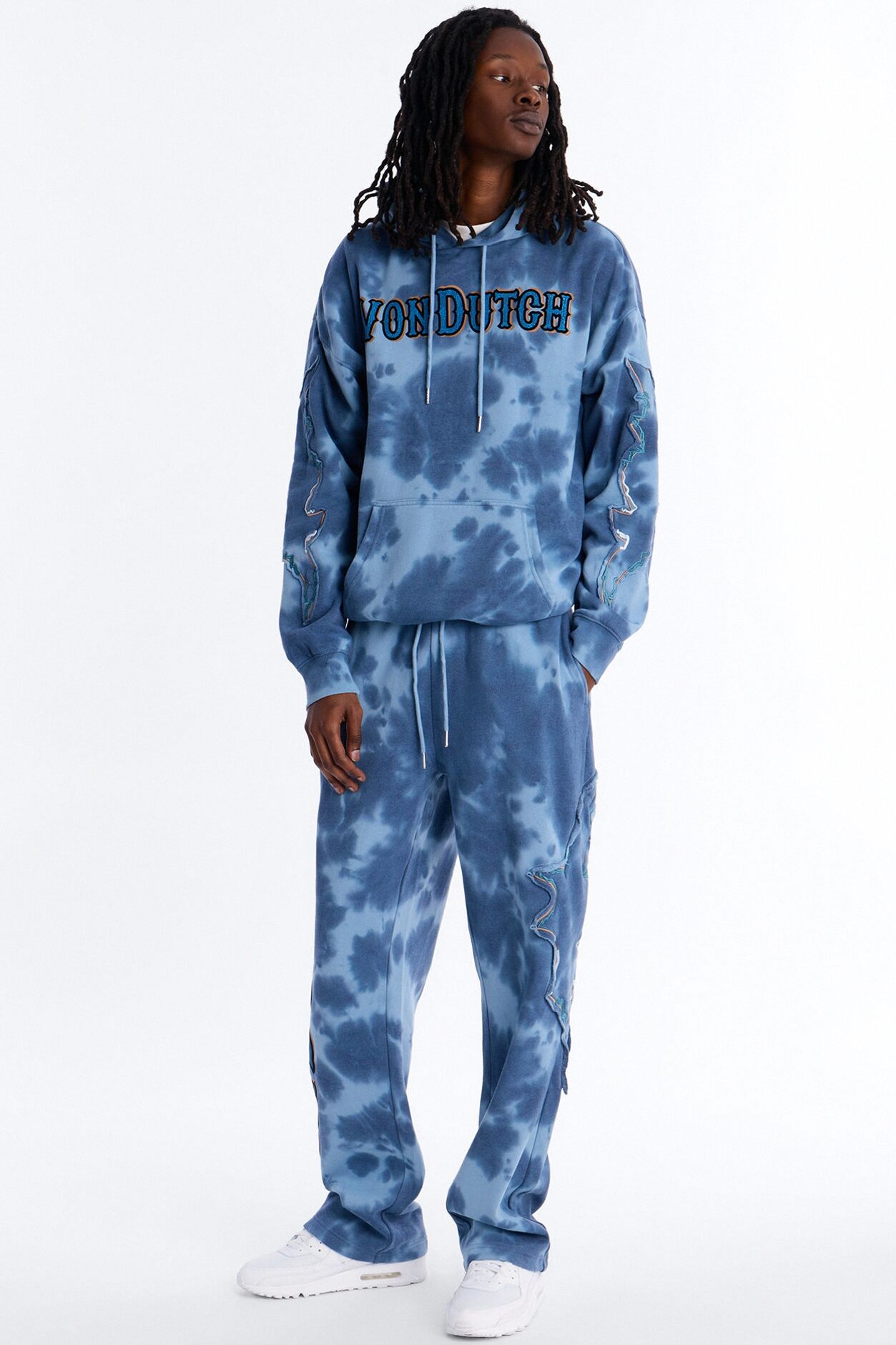 Baggy Von Dutch Outlaw Bleach Dyed Raw Edge Sweatpants - Blue