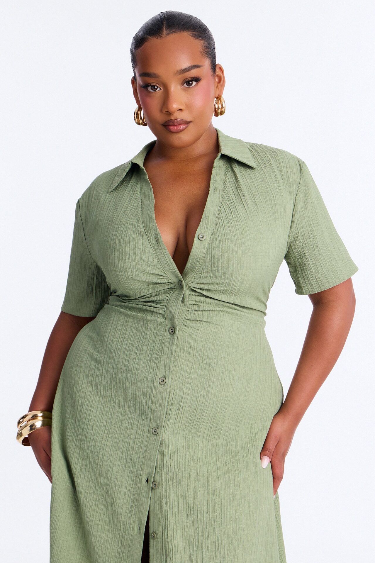 Carmen Ruched Shirt Midi Dress - Olive