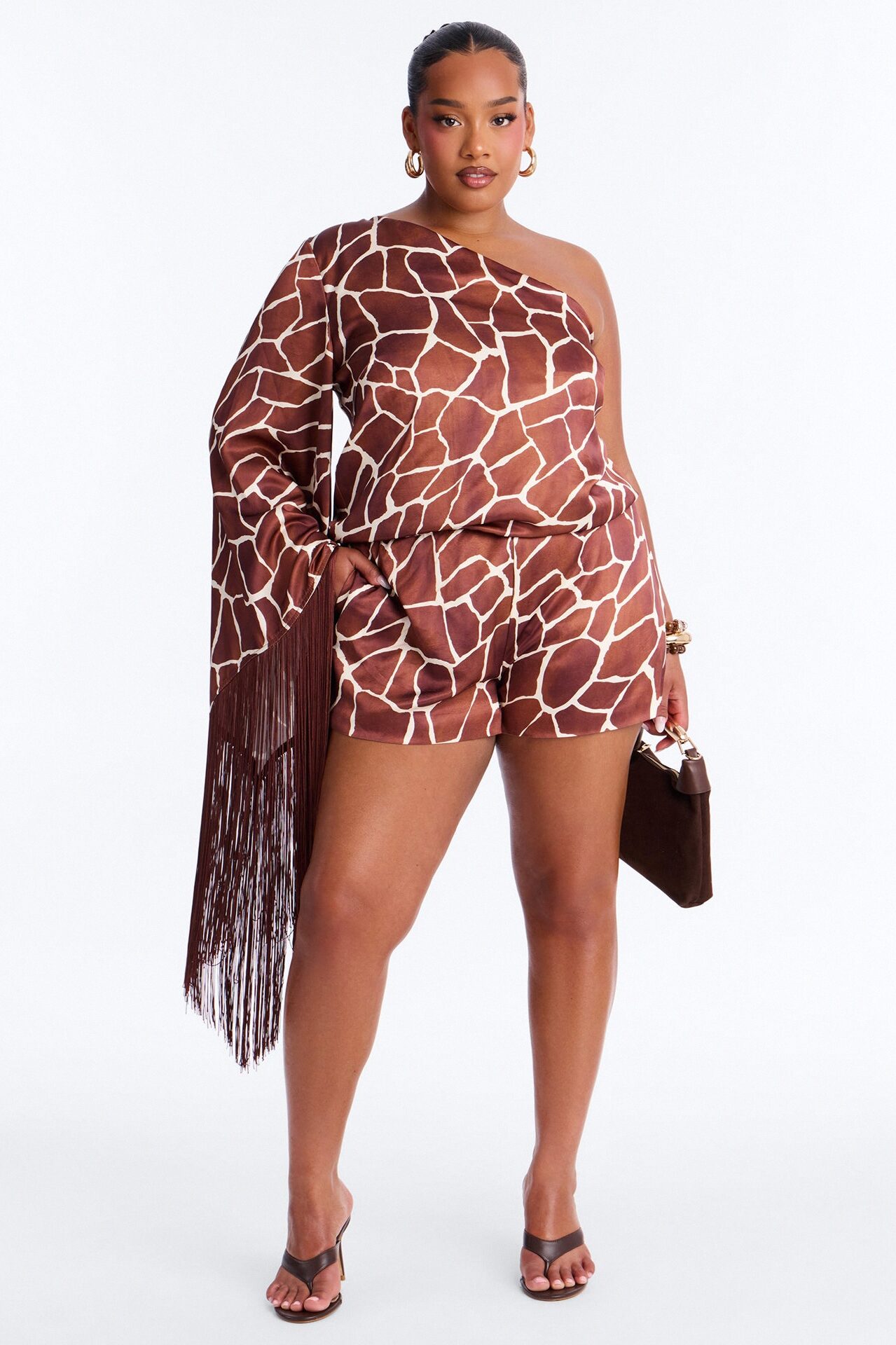 Samara Satin Fringe Romper - Brown