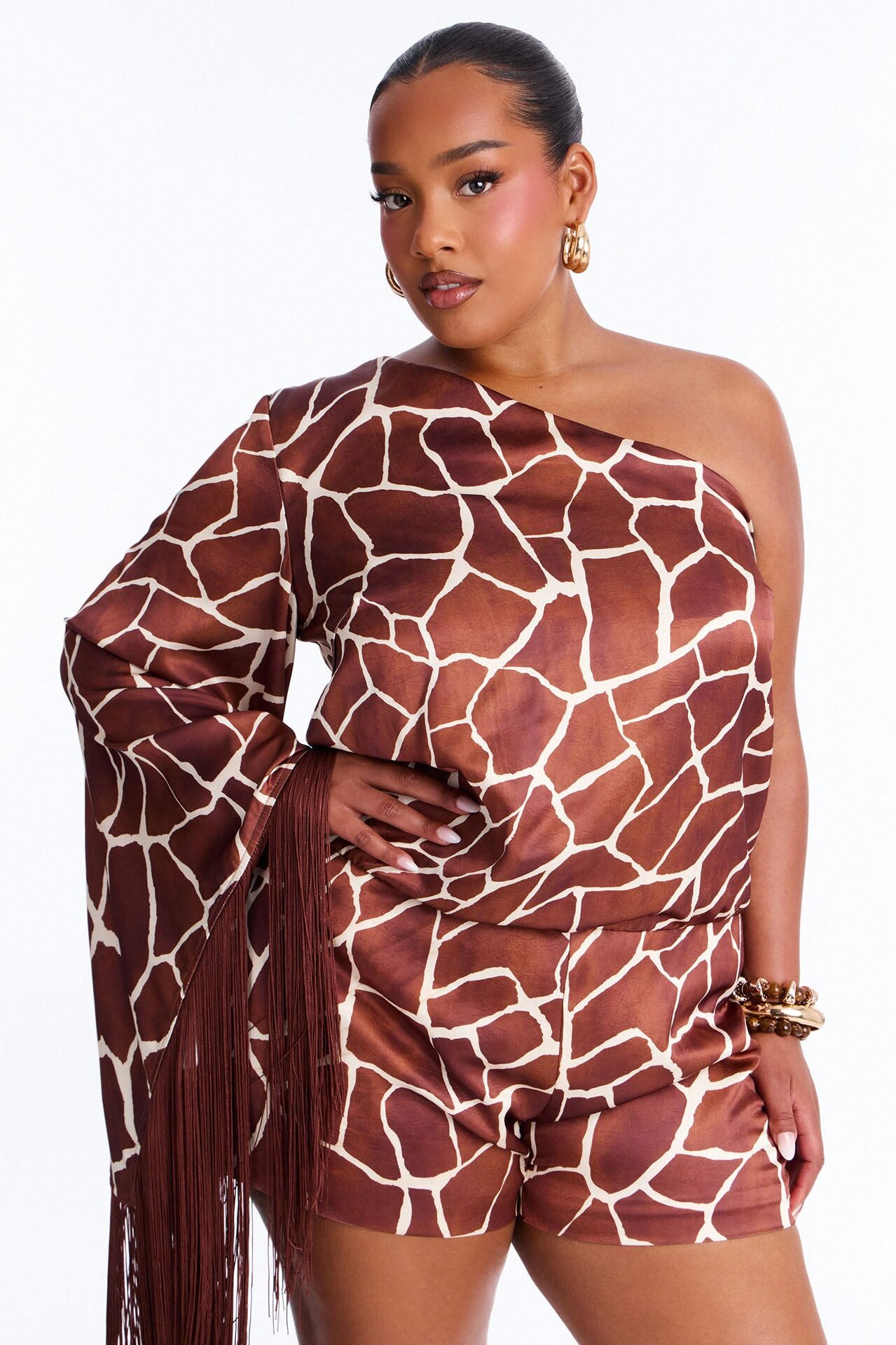 Samara Satin Fringe Romper - Brown