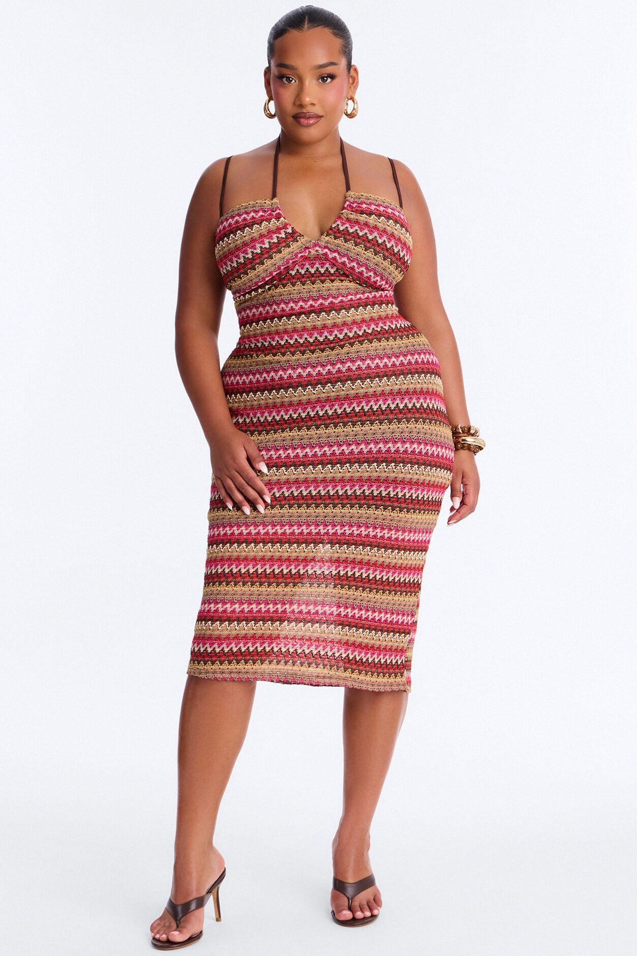 Sacha Chevron Crochet Midi Dress - Brown/combo