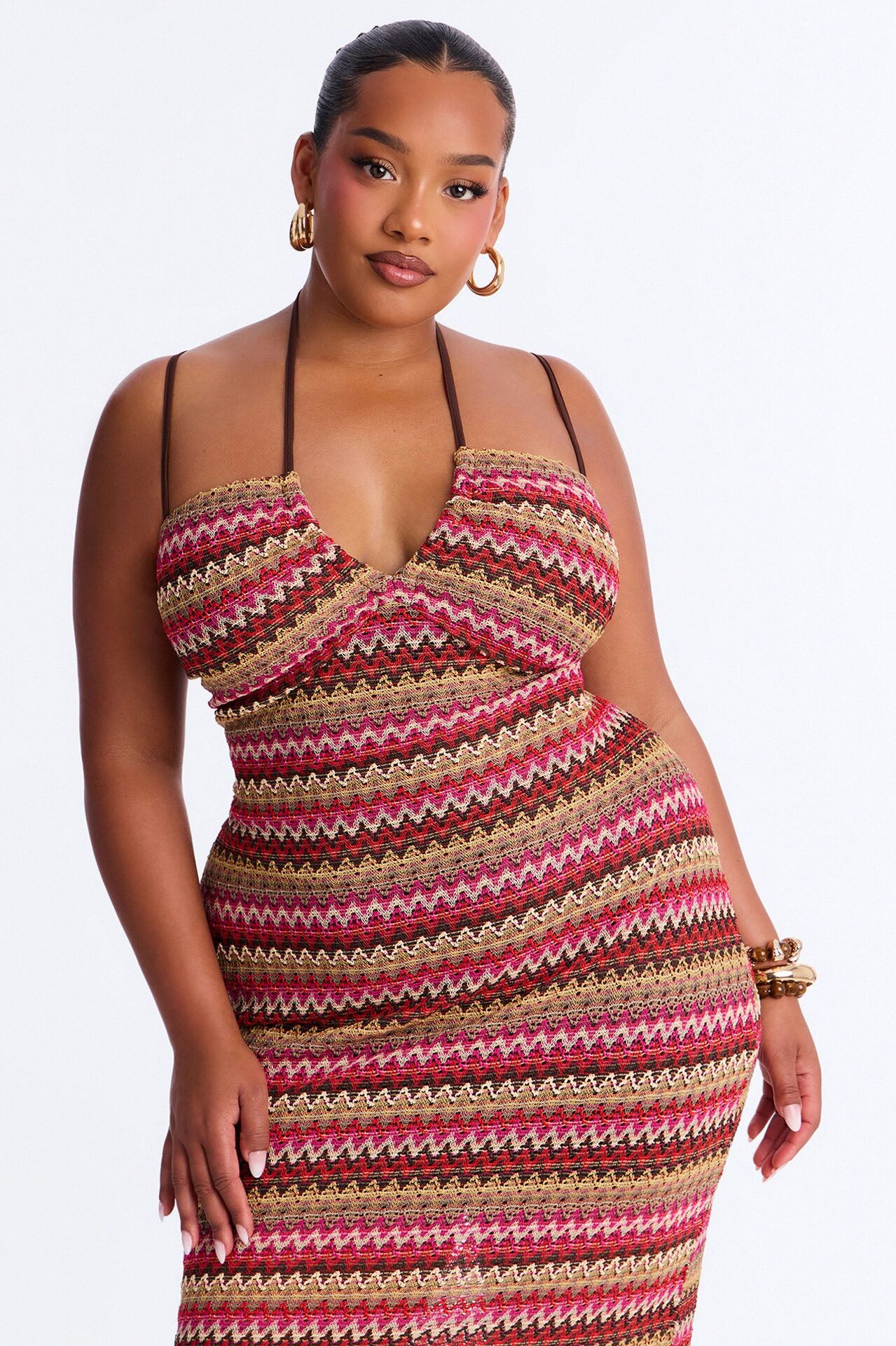 Sacha Chevron Crochet Midi Dress - Brown/combo