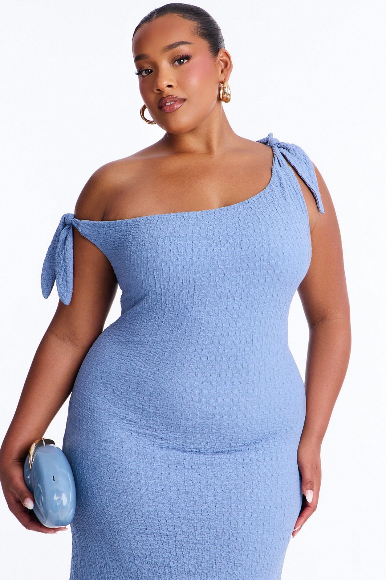 Crystal One Shoulder Textured Midi Dress - Blue