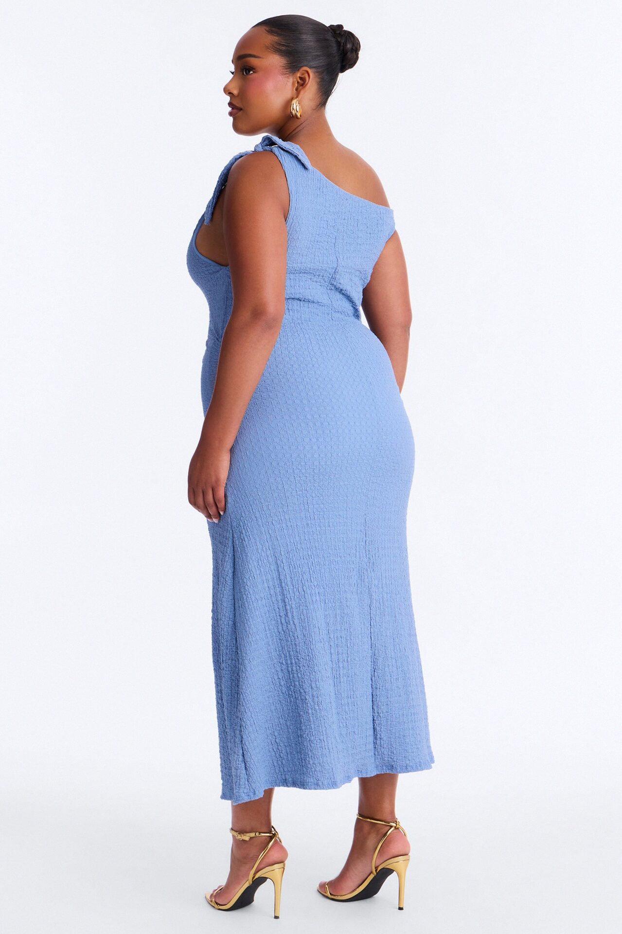 Crystal One Shoulder Textured Midi Dress - Blue