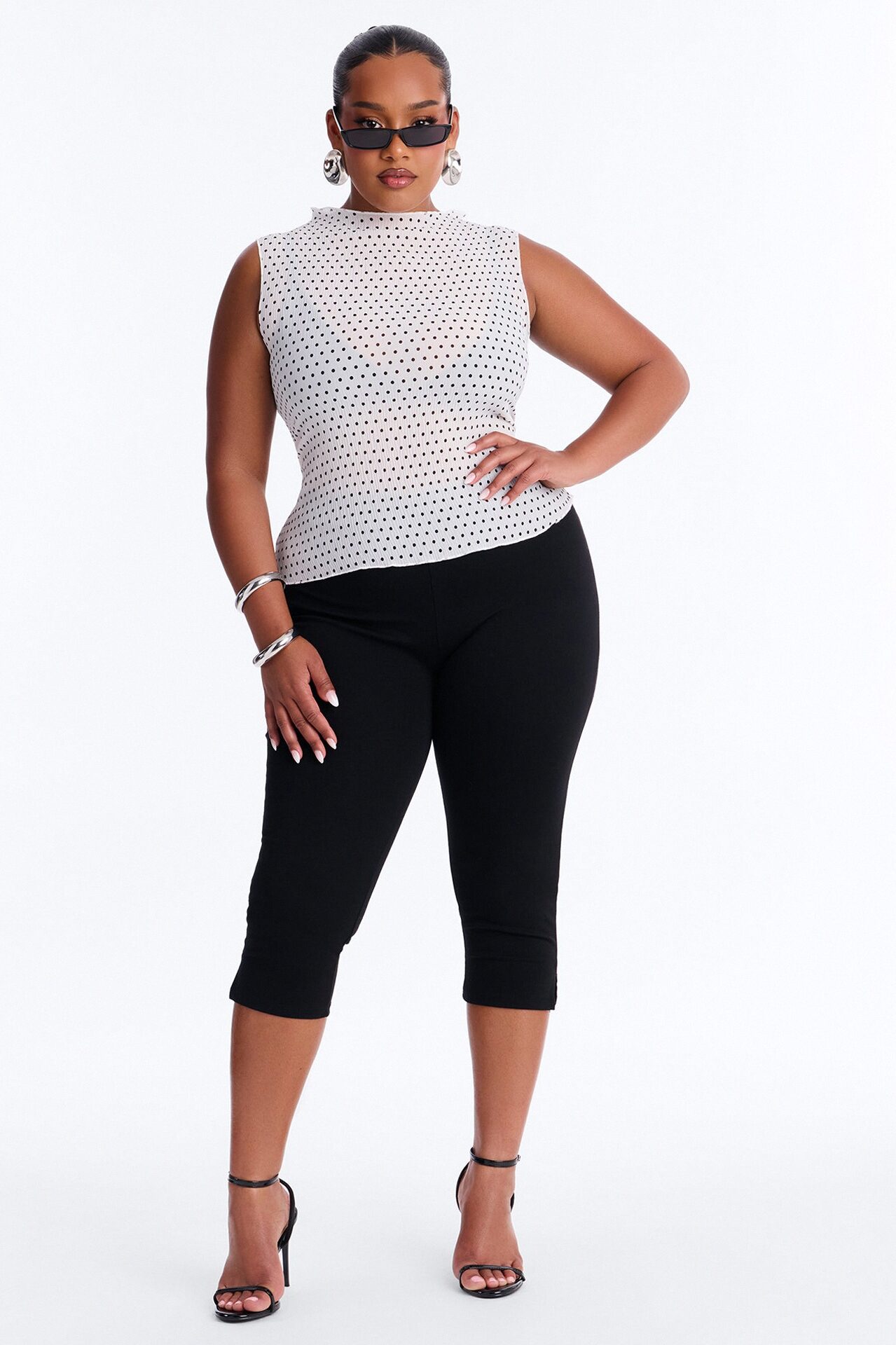 Into Paradise Mock Neck Polka Dot Plisse Top - White/combo