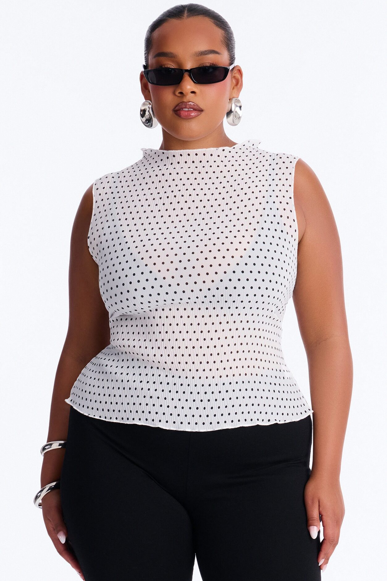 Into Paradise Mock Neck Polka Dot Plisse Top - White/combo
