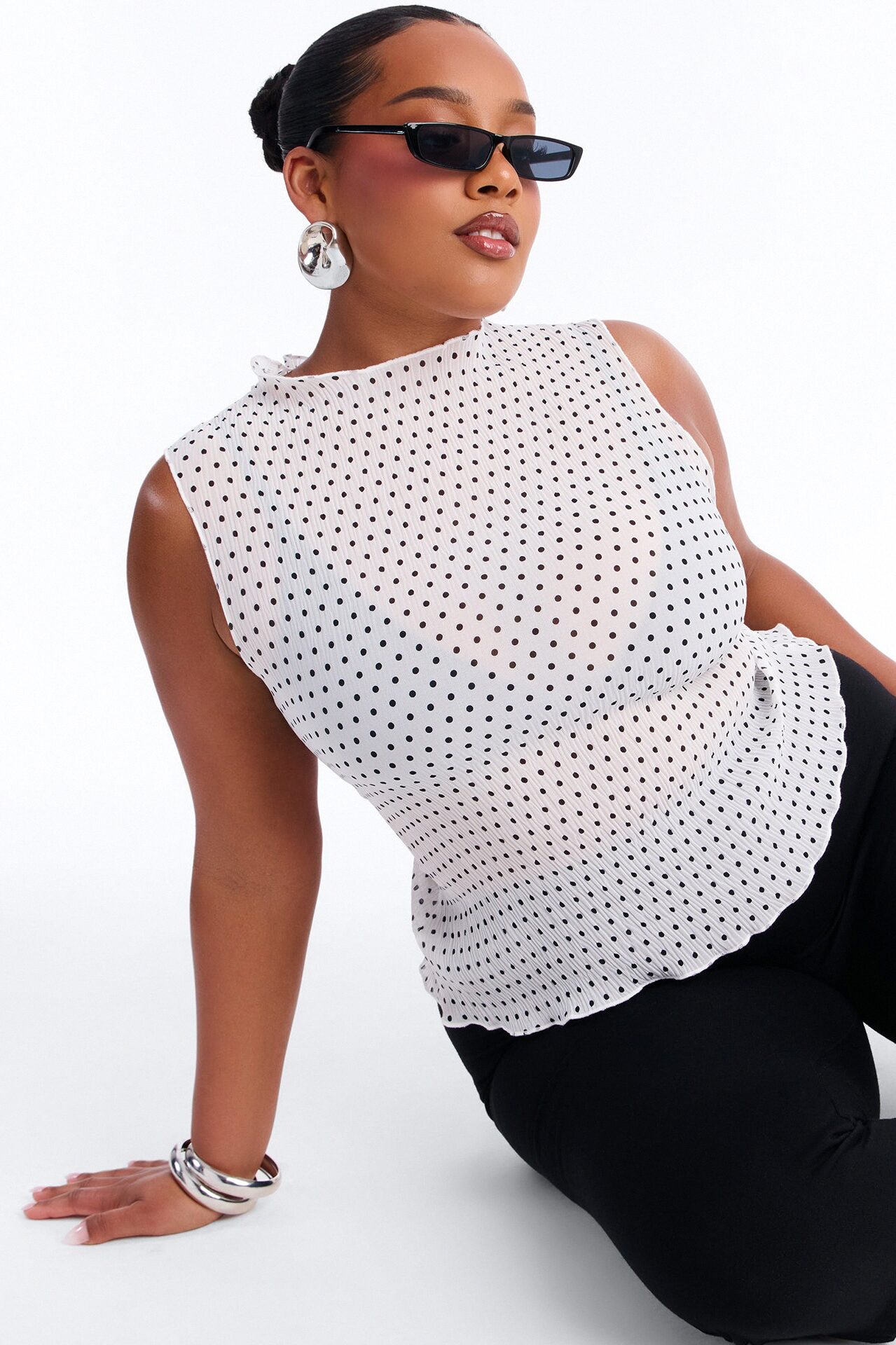 Into Paradise Mock Neck Polka Dot Plisse Top - White/combo