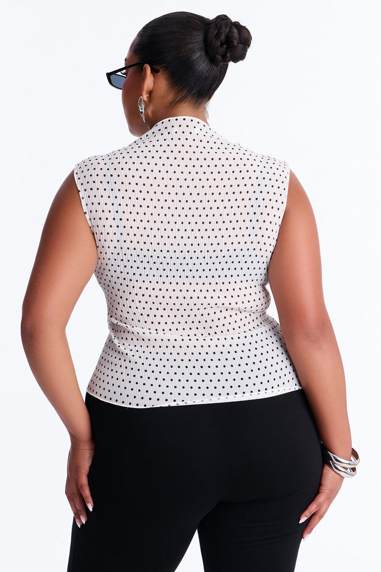 Into Paradise Mock Neck Polka Dot Plisse Top - White/combo
