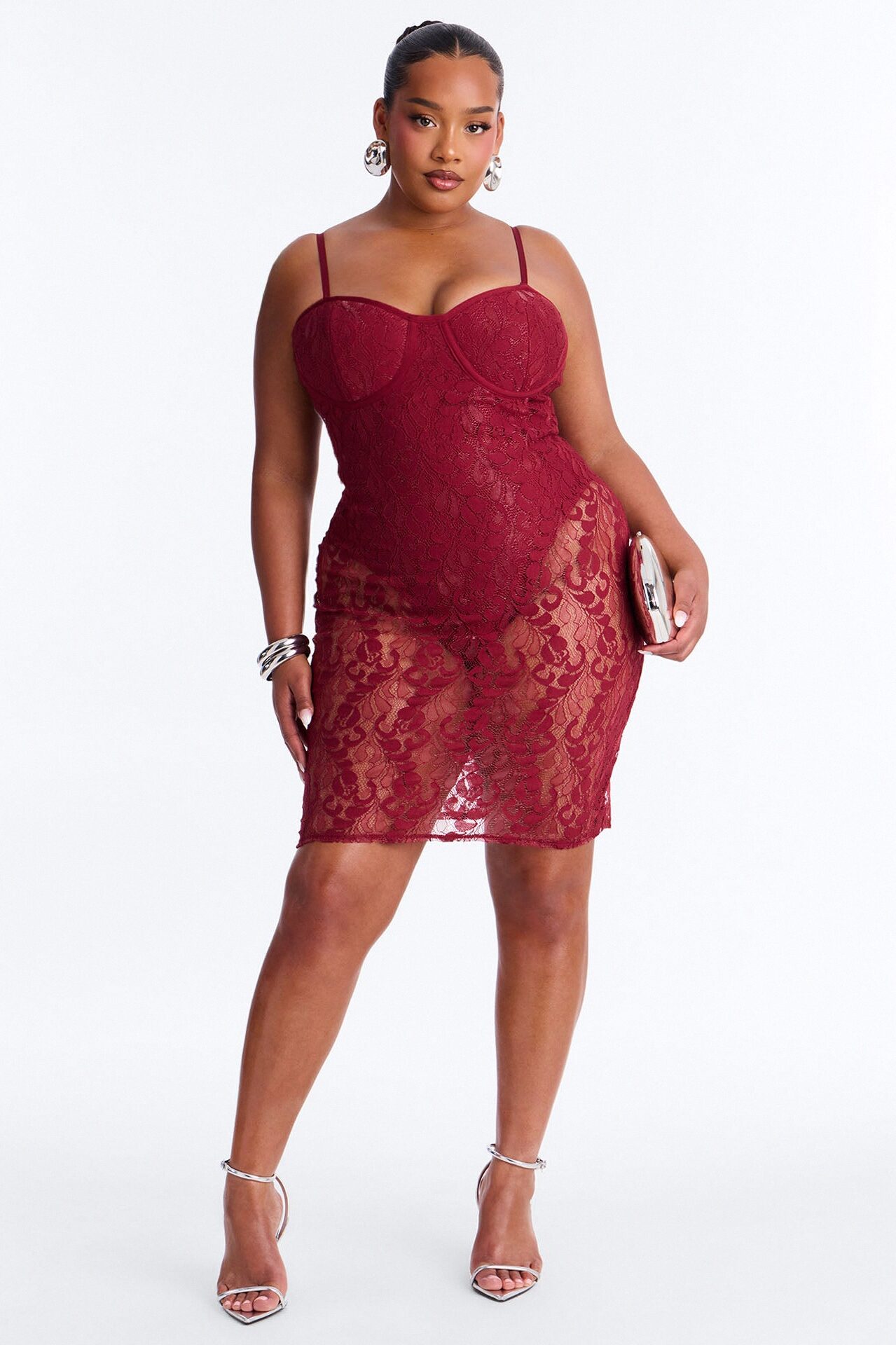 Nicole Sheer Lace Mini Dress - Burgundy