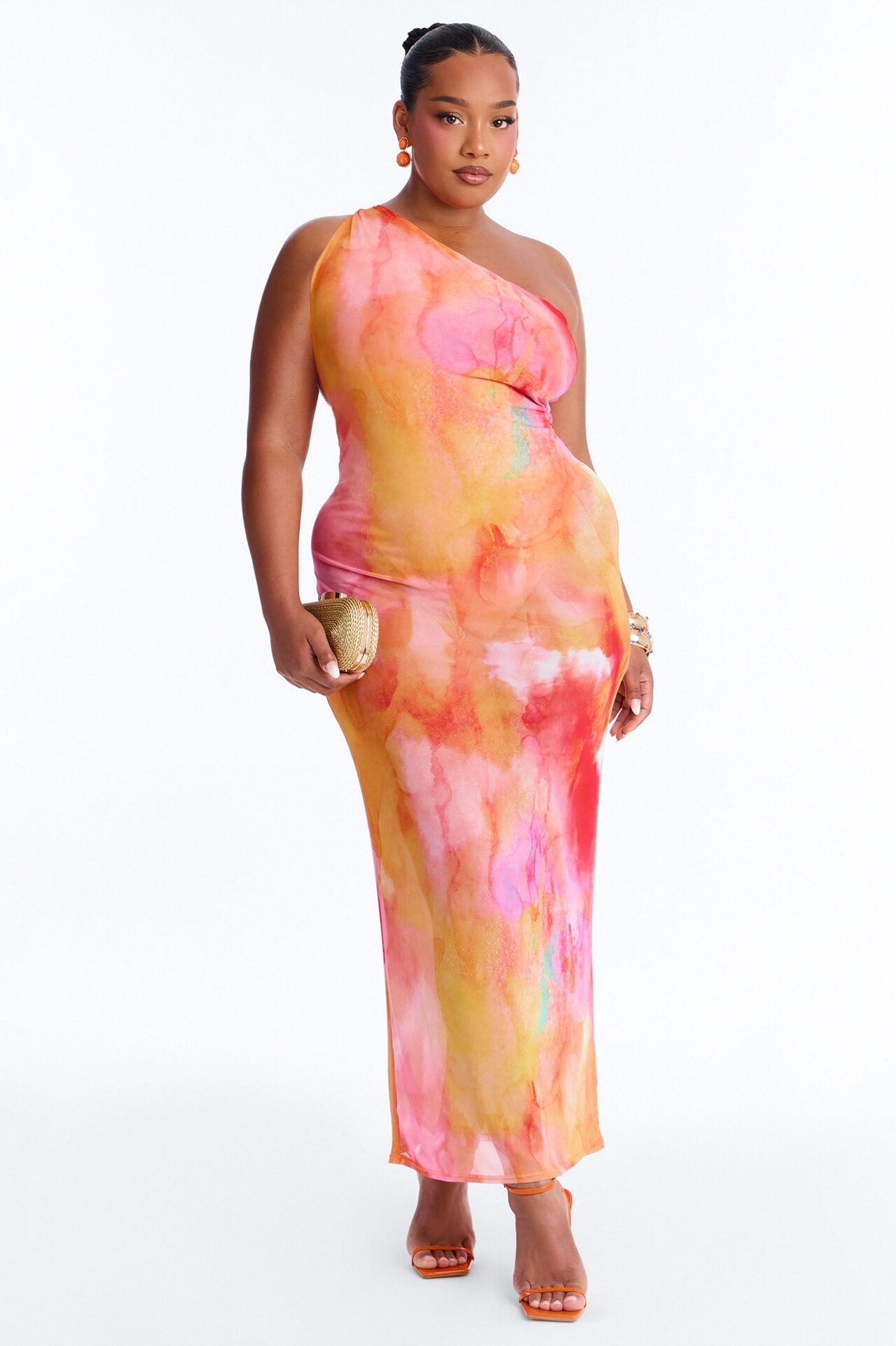 Macy One Shoulder Sheer Maxi Dress - Orange/combo