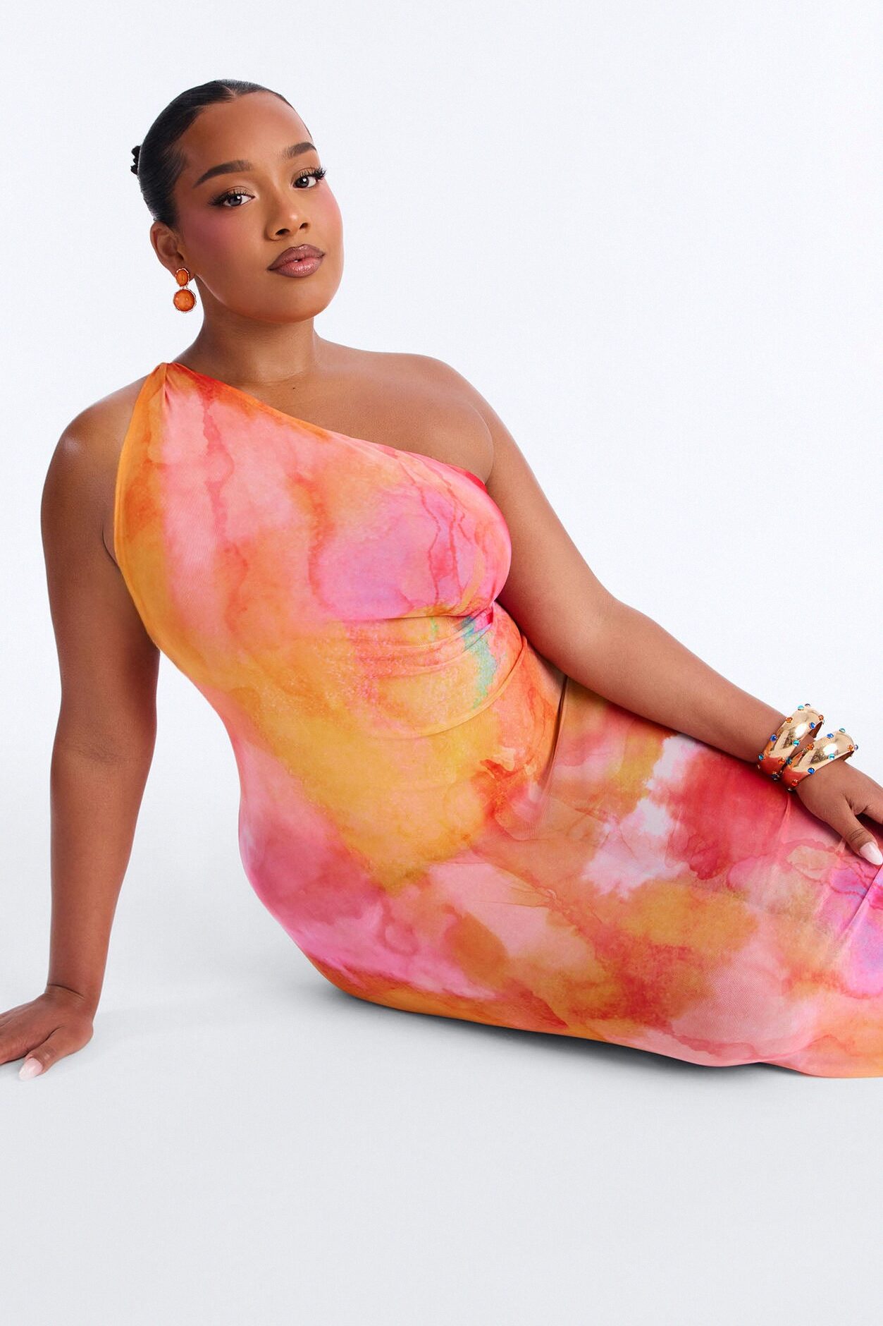 Macy One Shoulder Sheer Maxi Dress - Orange/combo