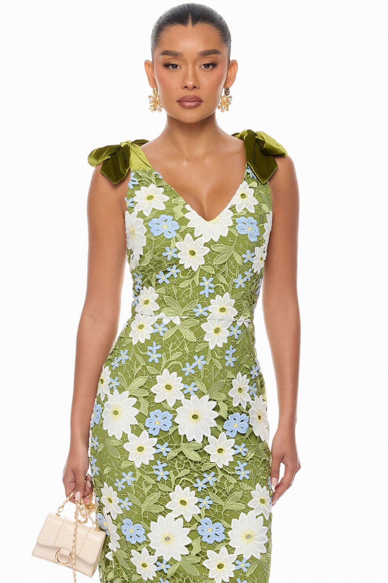 Dani Floral Embroidered Midi Dress - Chartreuse