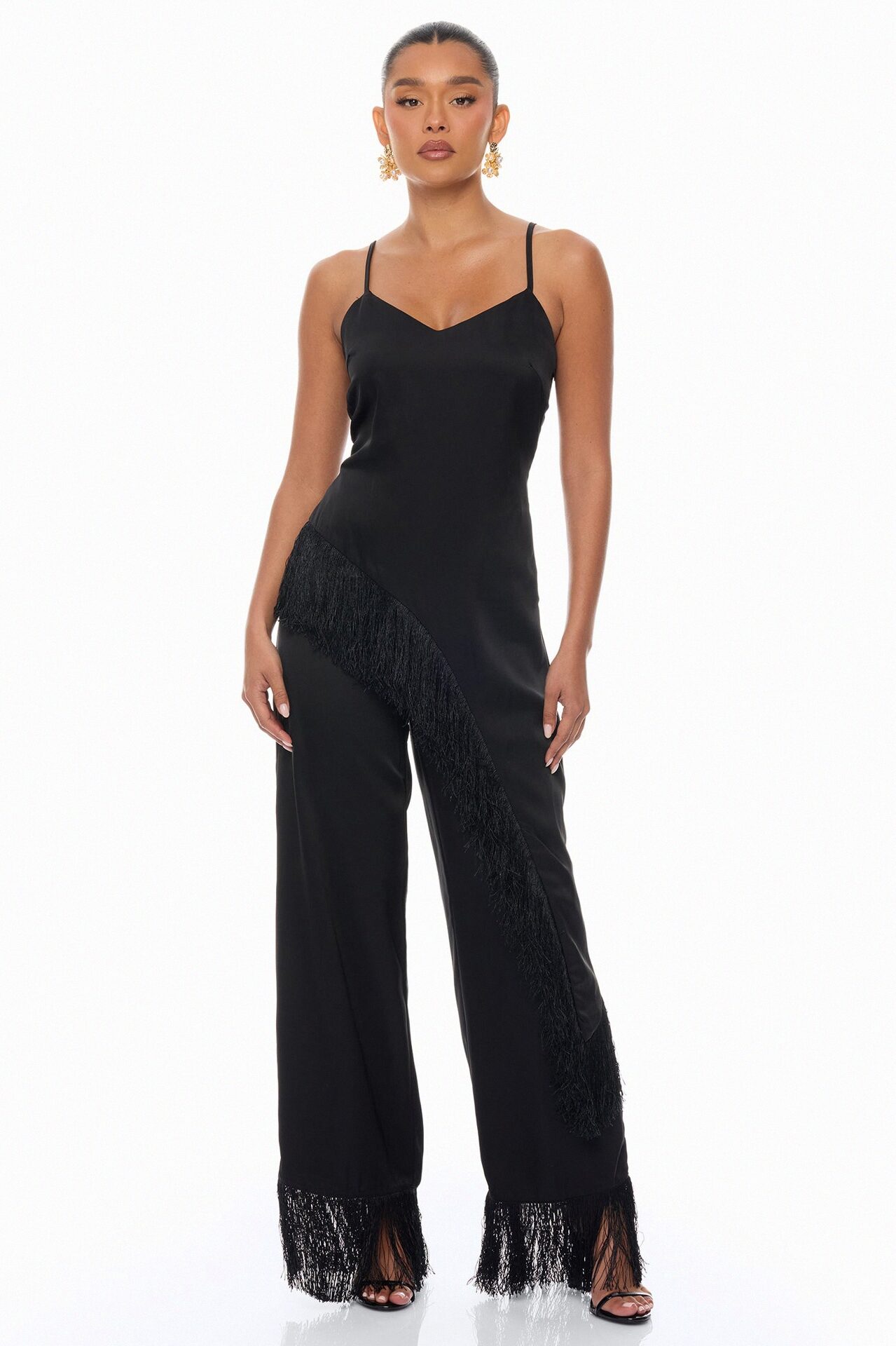 Natural Drama Fringe Satin Pant Set - Black