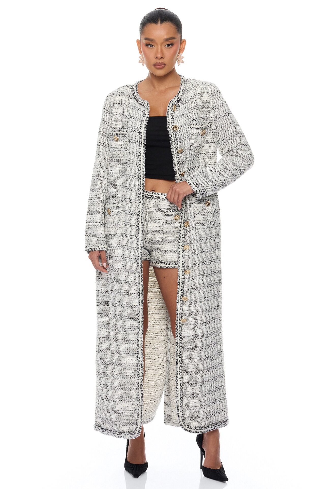 Kaela Embellished Tweed Long Cardigan - Black/White