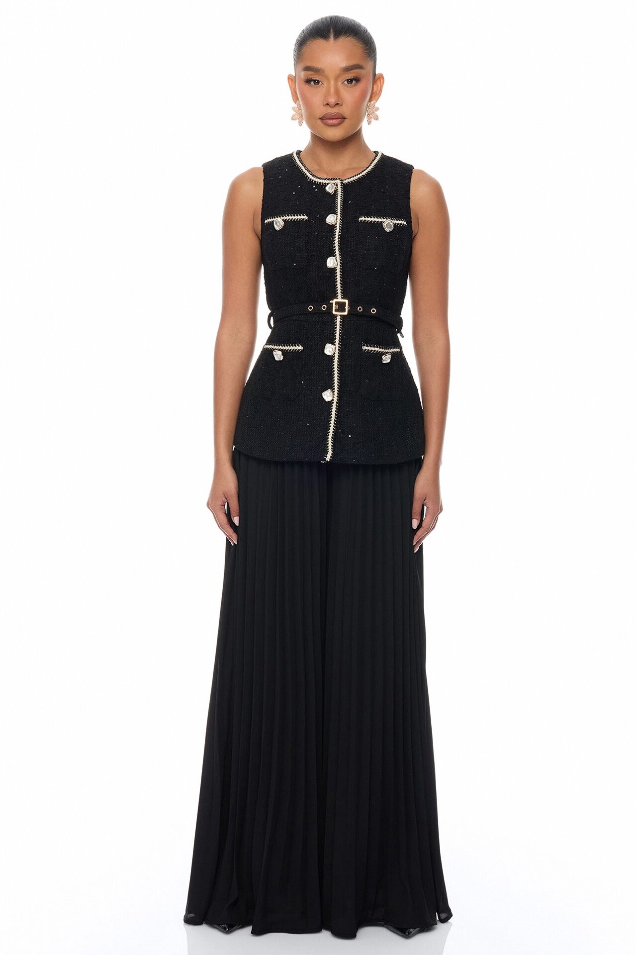 Down The Coast Tweed Pleated Pant Set - Black