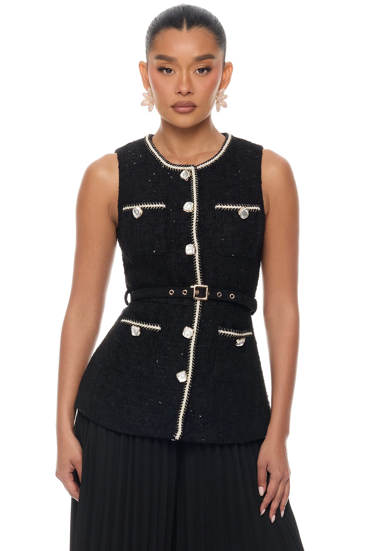 Down The Coast Tweed Pleated Pant Set - Black