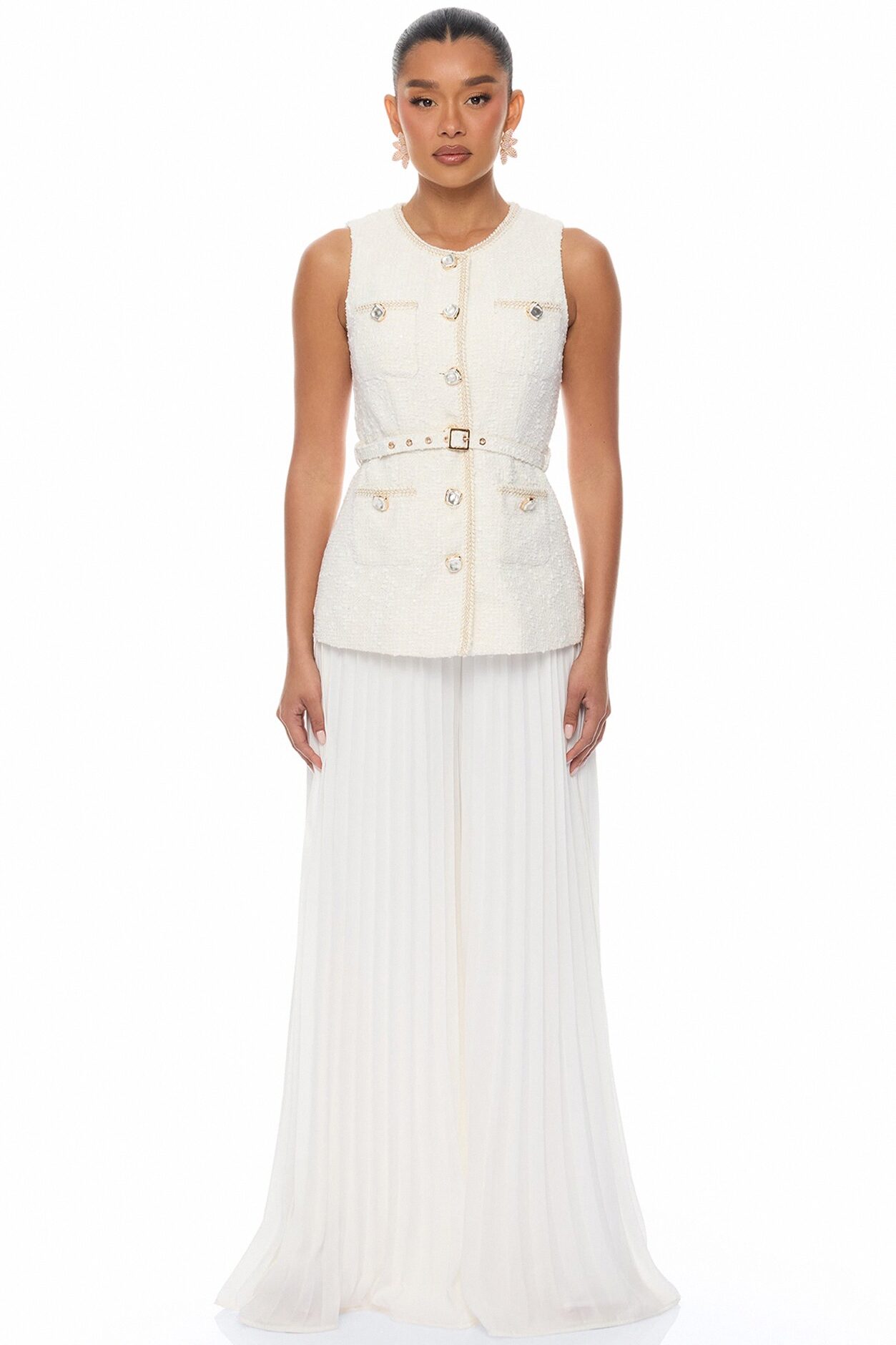 Down The Coast Tweed Pleated Pant Set - Off White