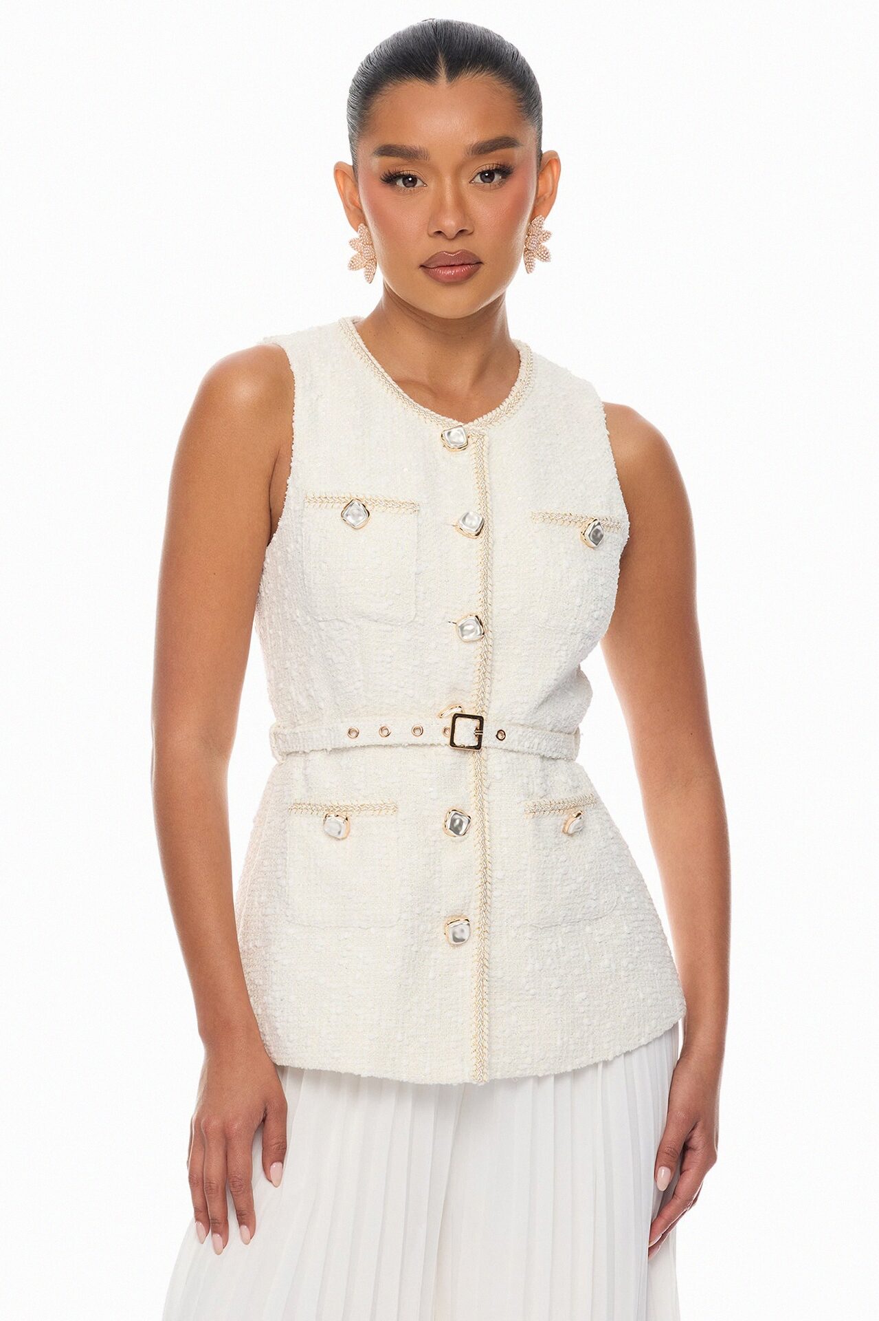 Down The Coast Tweed Pleated Pant Set - Off White