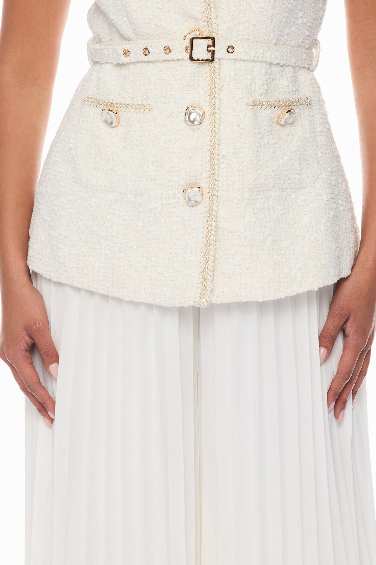 Down The Coast Tweed Pleated Pant Set - Off White