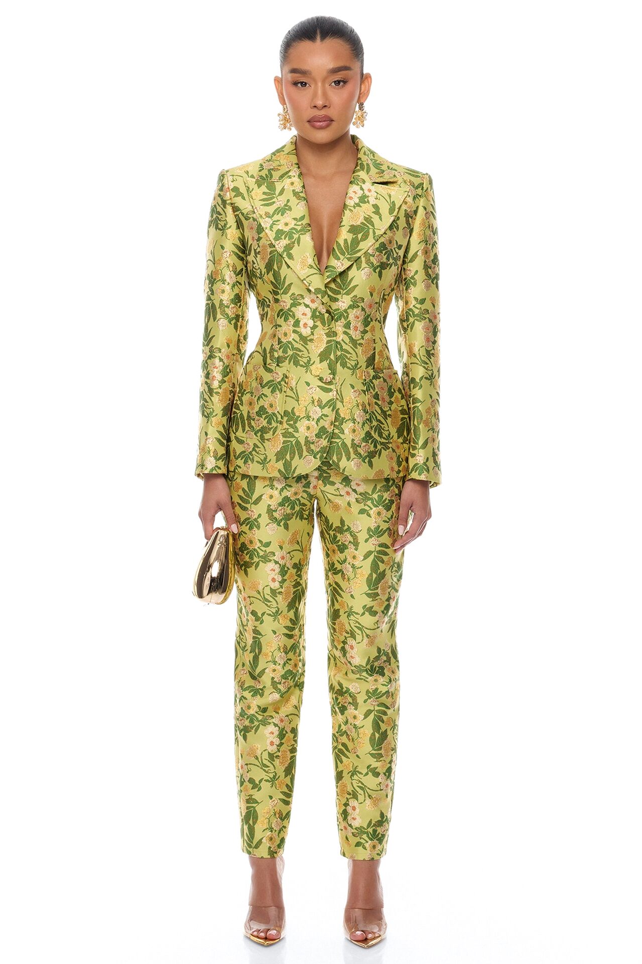 Emilee Jacquard Blazer Pant Set - Chartreuse