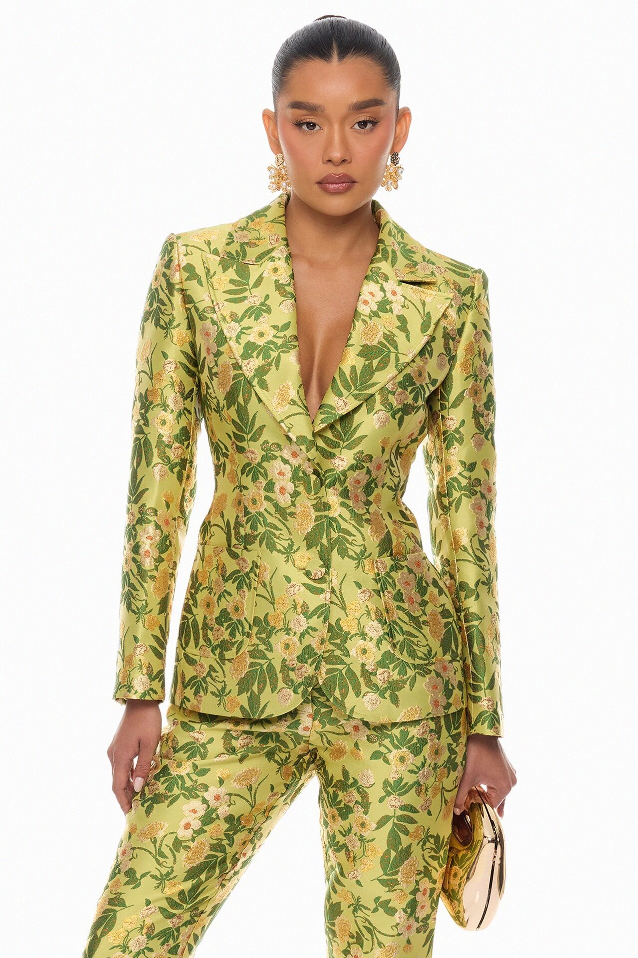 Emilee Jacquard Blazer Pant Set - Chartreuse