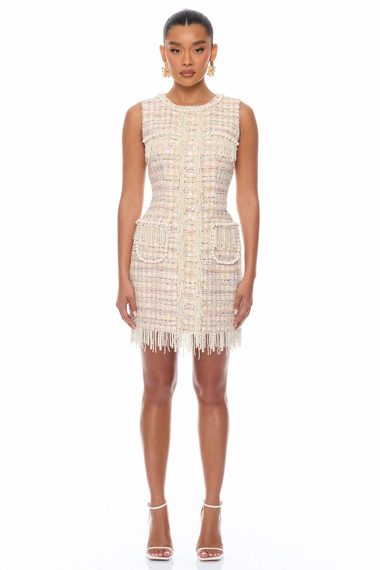 Tiffani Pearl Fringe Tweed Mini Dress - Pink/combo