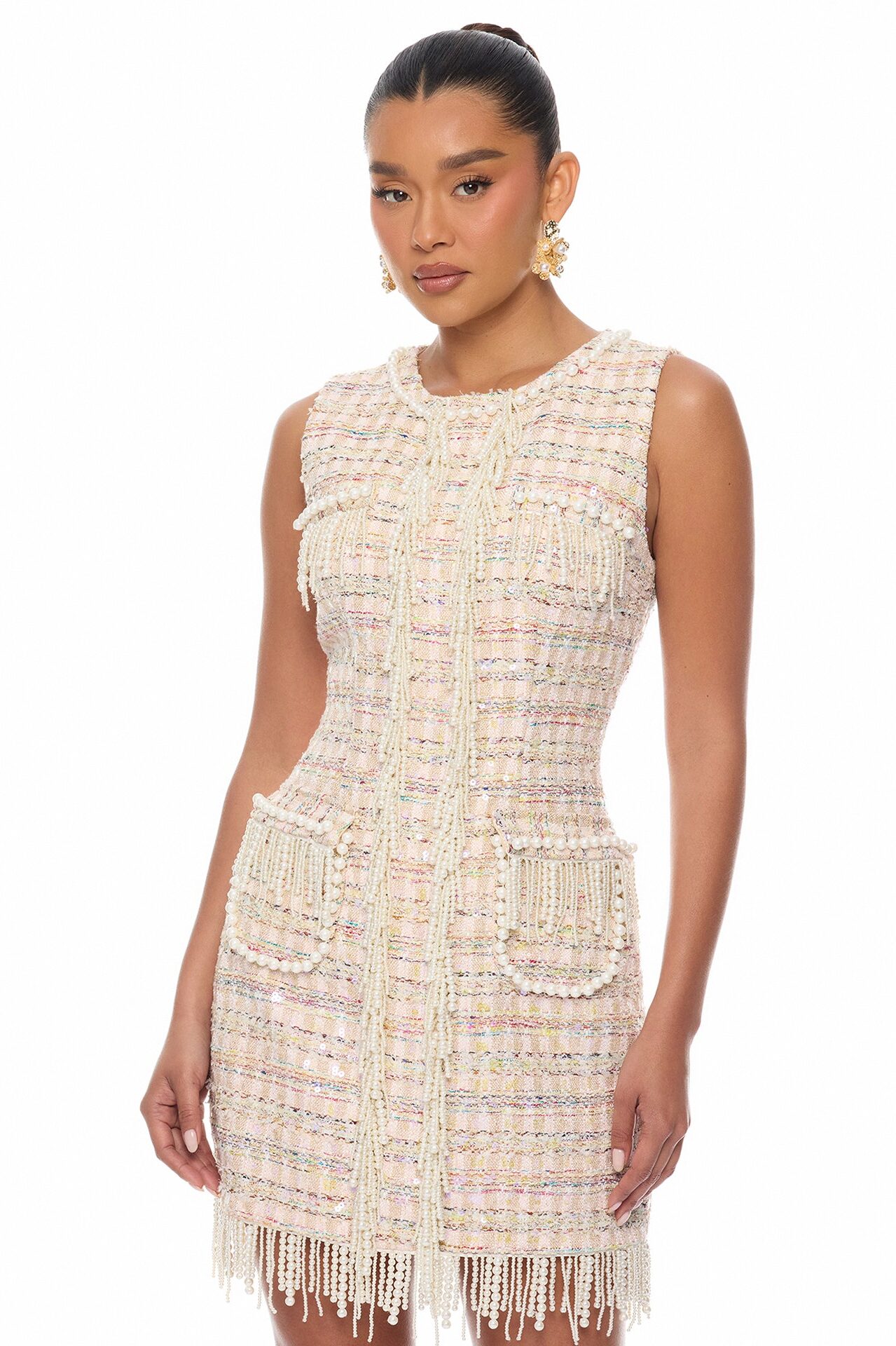 Tiffani Pearl Fringe Tweed Mini Dress - Pink/combo