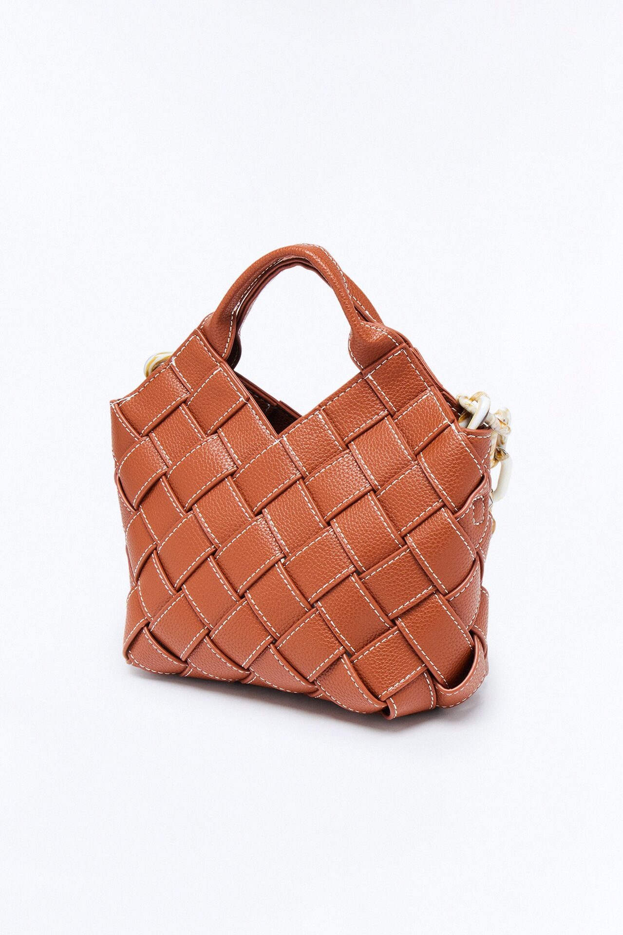 Martini On Hand Woven Faux Leather Satchel Handbag - Cognac