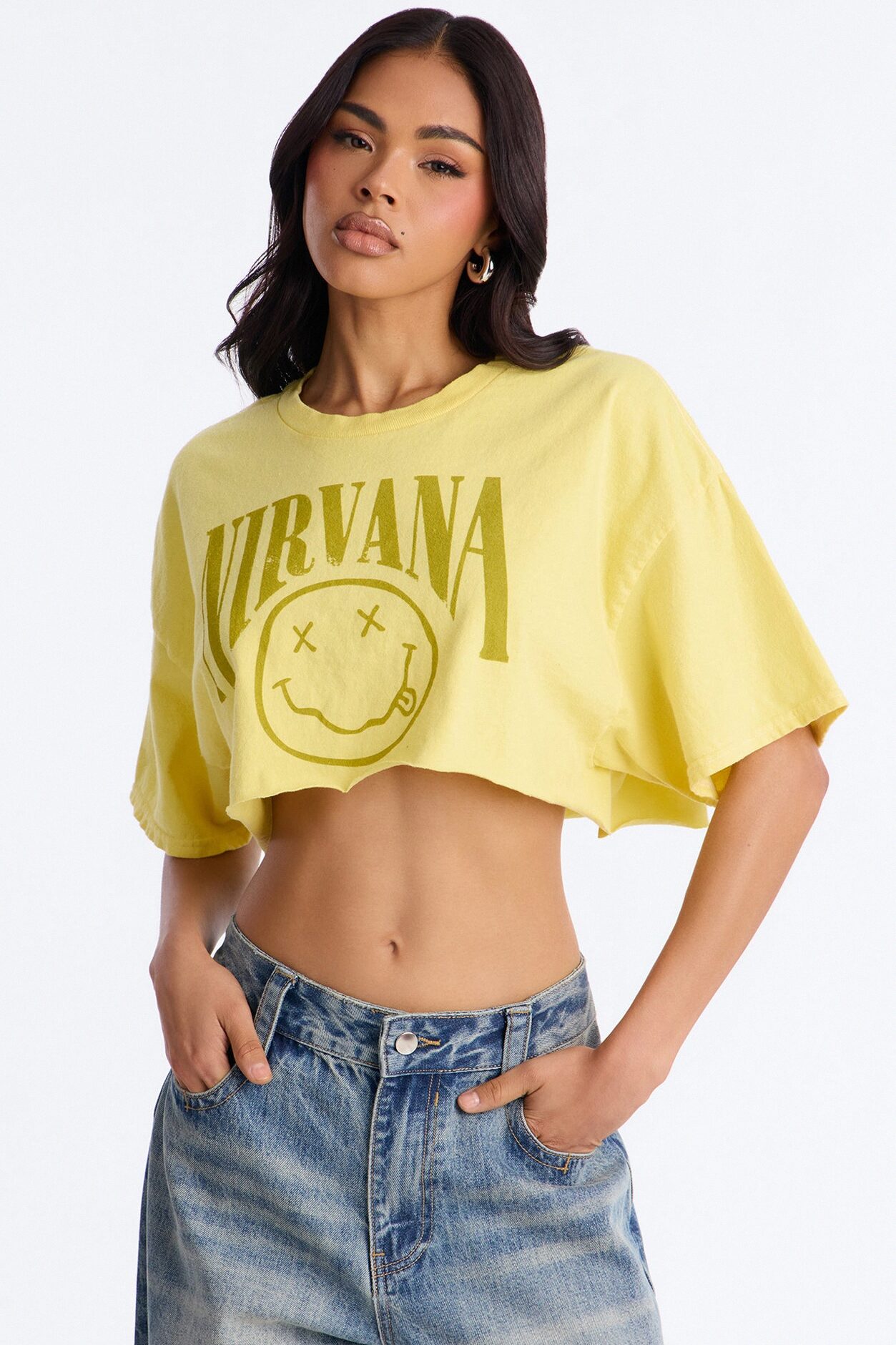 Nirvana Smiley Washed Cropped Tee - Yellow