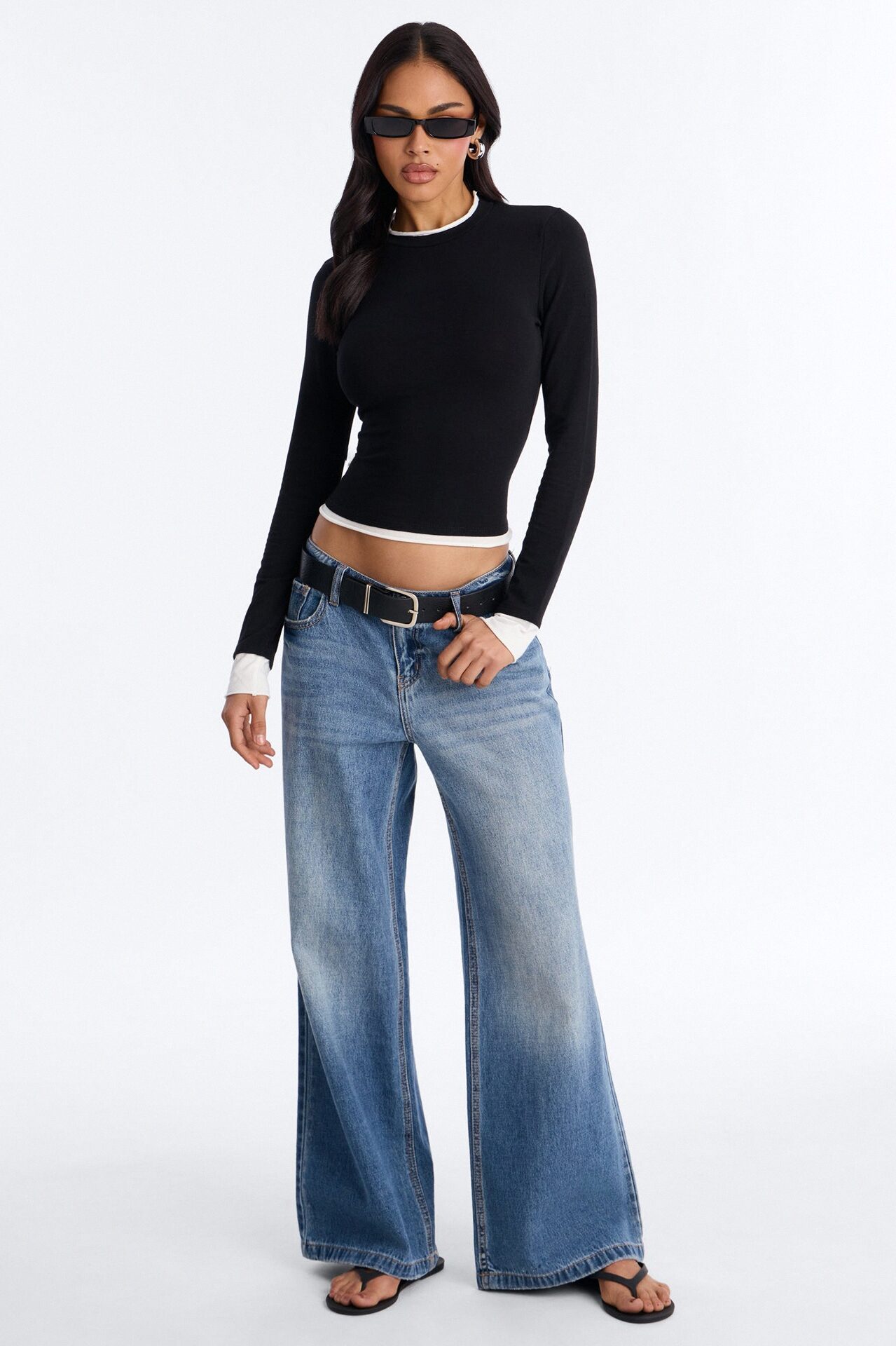 Effortless Edge Contrast Long Sleeve Top - Black/combo