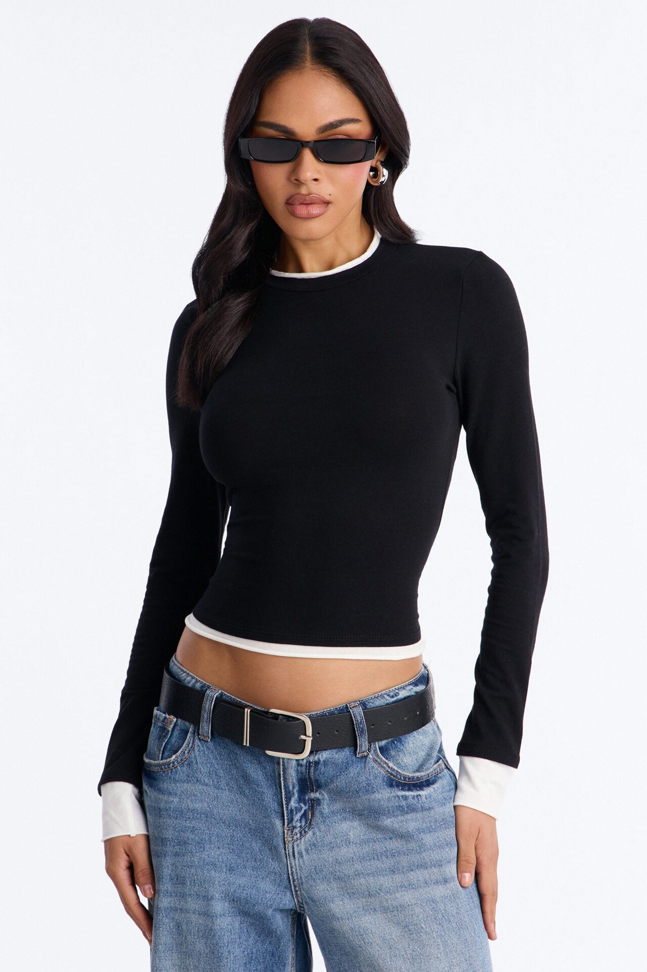 Effortless Edge Contrast Long Sleeve Top - Black/combo