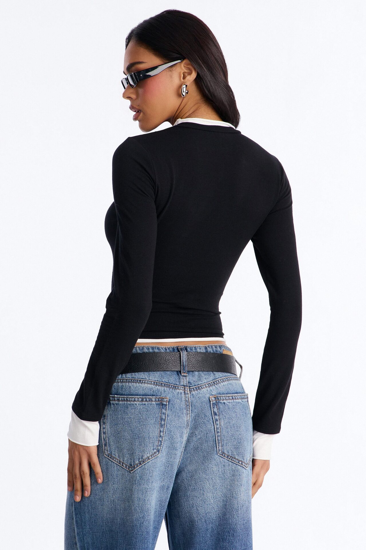 Effortless Edge Contrast Long Sleeve Top - Black/combo