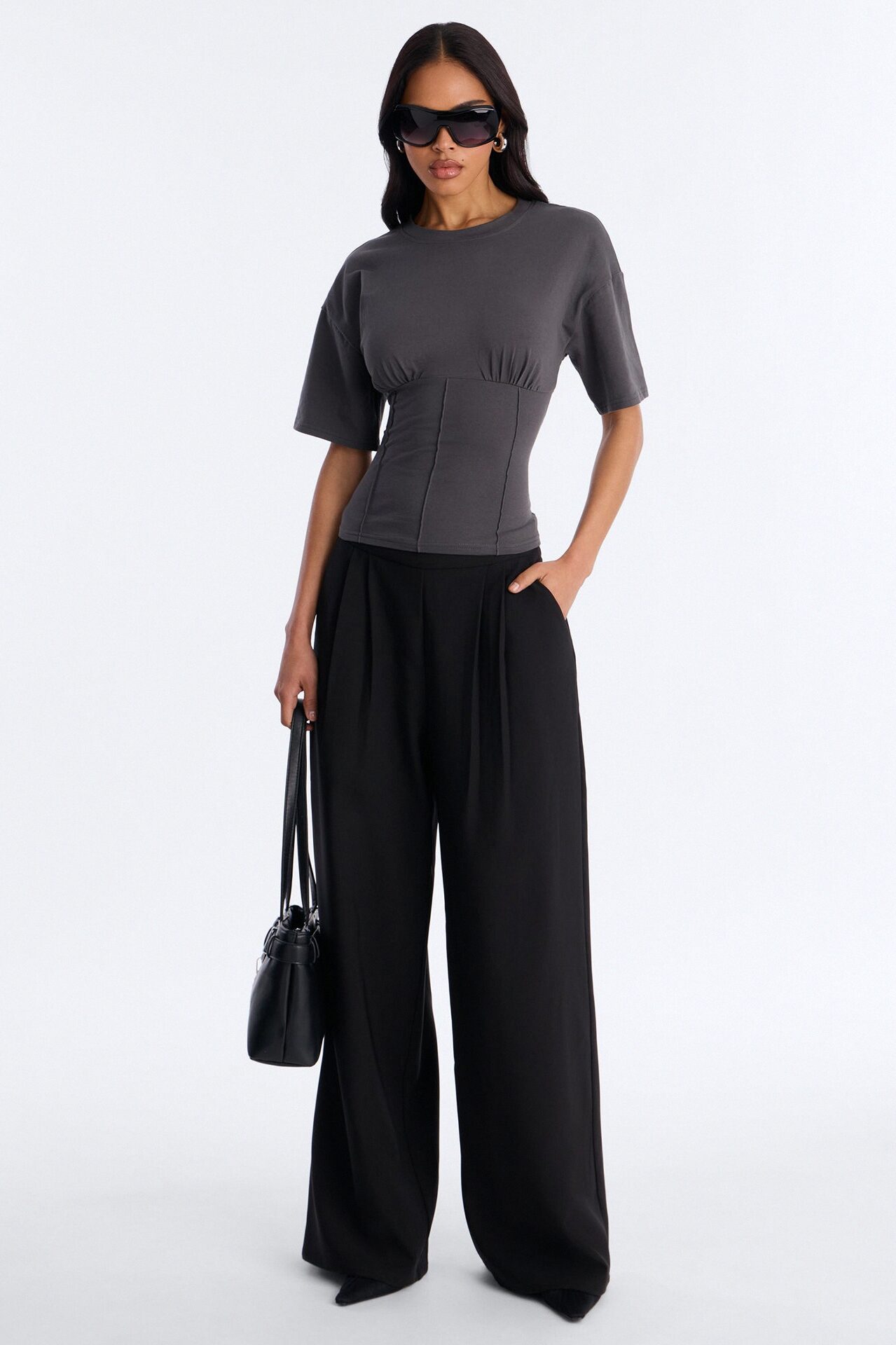 Kaylee Cinched Waist Short Sleeve T-Shirt - Charcoal