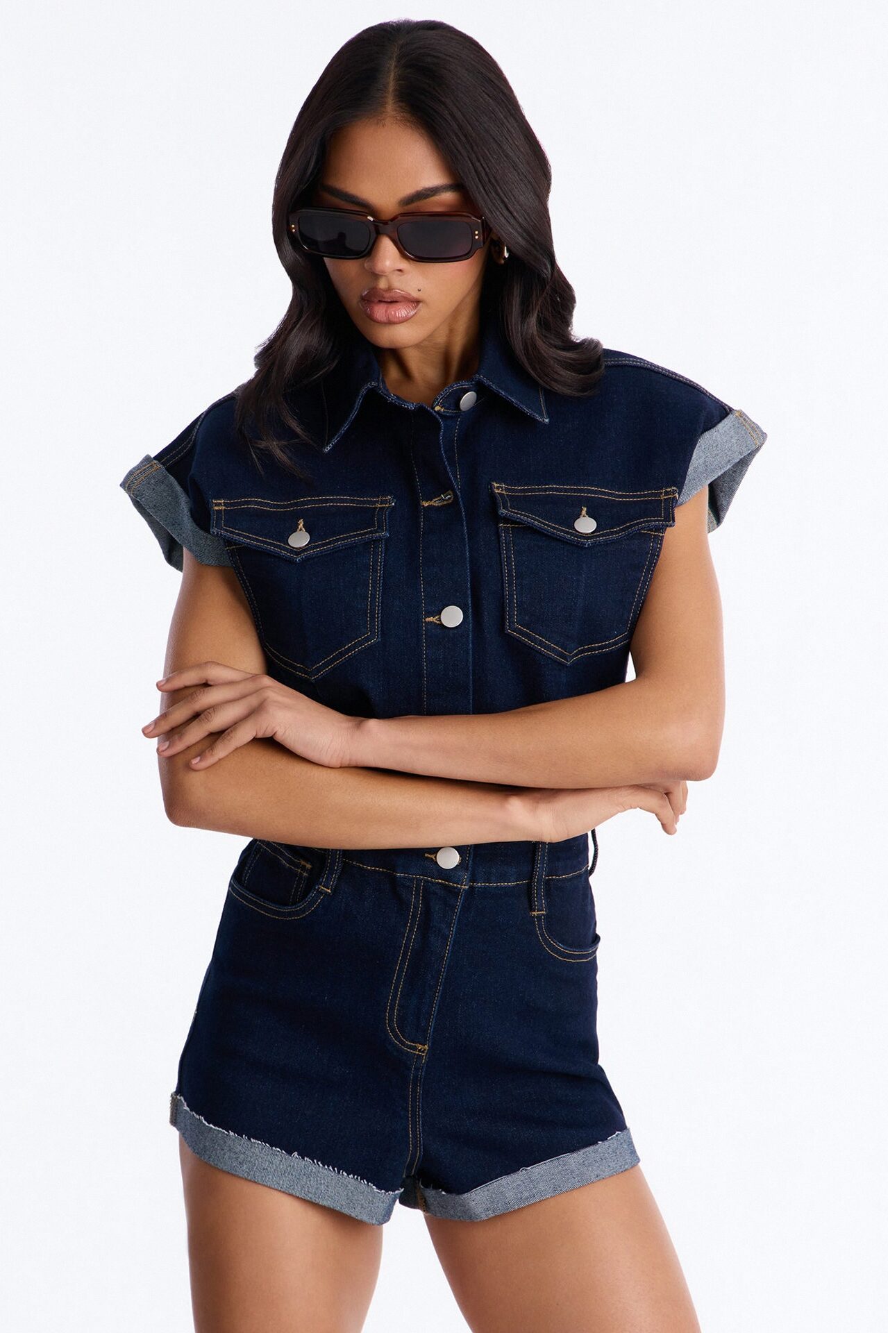 Know You Better Denim Romper - Dark Denim